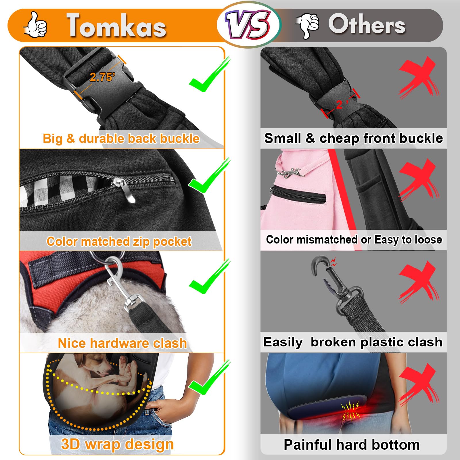 Tomkas Small Dog Sling Carrier - Adjustable Strap & Zip Pocket - Suitable For Puppies (Black)