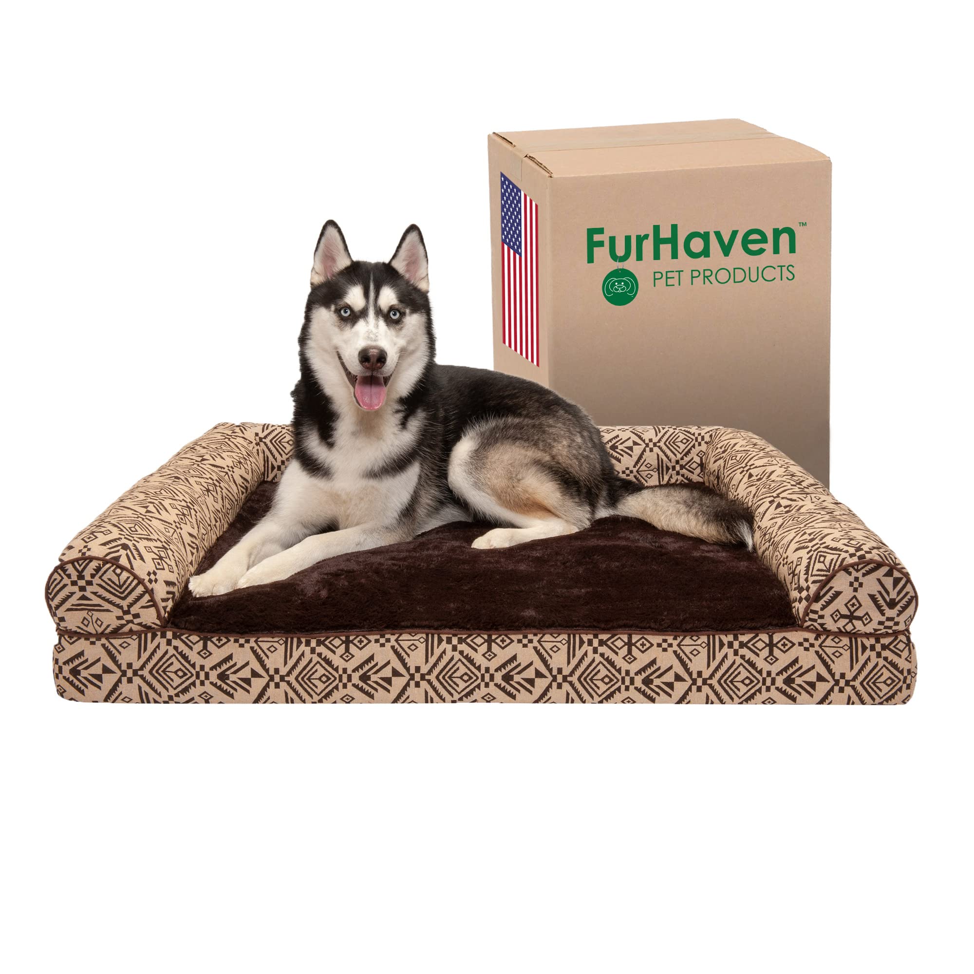 Furhaven Orthopedic Dog Bed For Large Dogs W/ Removable Bolsters & Washable Cover, For Dogs Up To 95 Lbs - Plush & Southwest Kilim Woven Decor Sofa - Desert Brown, Jumbo/Xl
