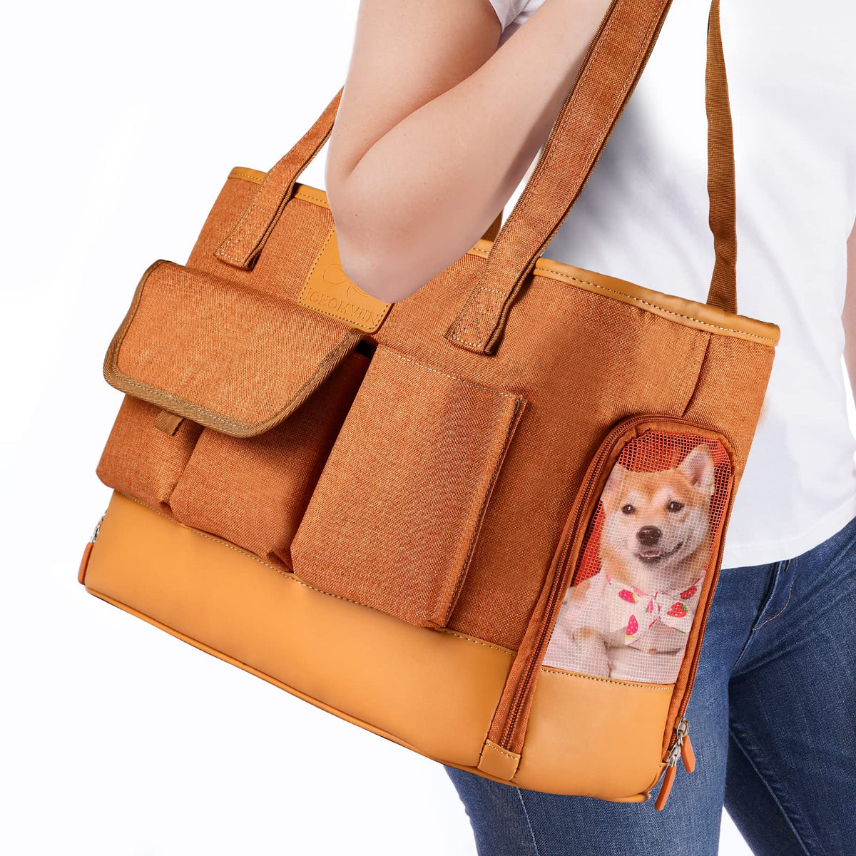 Johomviin Cat Carrier, Dog Carrier, Pet Carrier, Foldable Waterproof Premium Pu Leather Oxford Cloth Dog Purse, Portable Bag Carrier For Small To Medium Cat And Small Dog-Brown