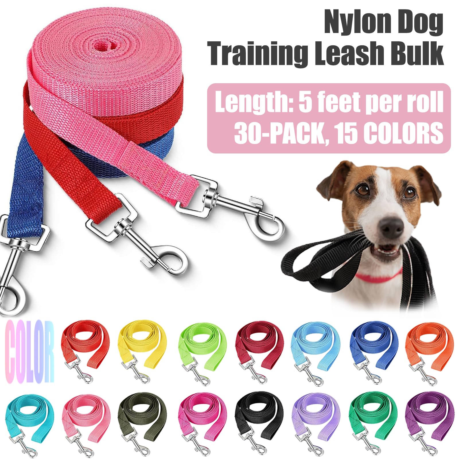 Tanemudo 30 Pack Nylon Dog Training Leash Bulk 5 Ft Puppy Traction Rope For Small And Medium Dogs, Play, Camping, Or Backyard, 1