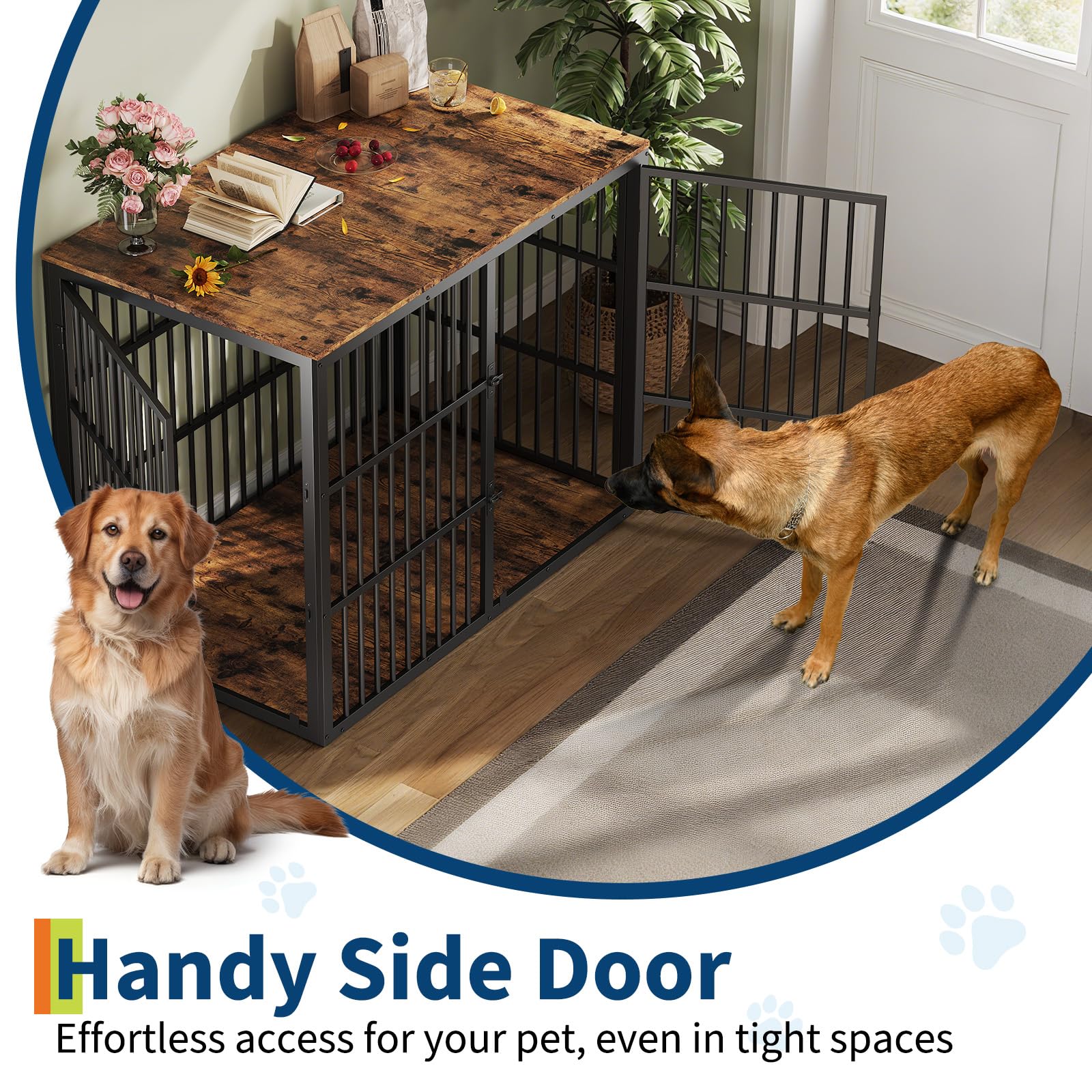 48 Dog Crate Furniture, 3-in-1 Wooden Dog Kennel with 3 Lockable Doors, Heavy Duty Metal Frame & Sturdy Panels, Large End Tabl