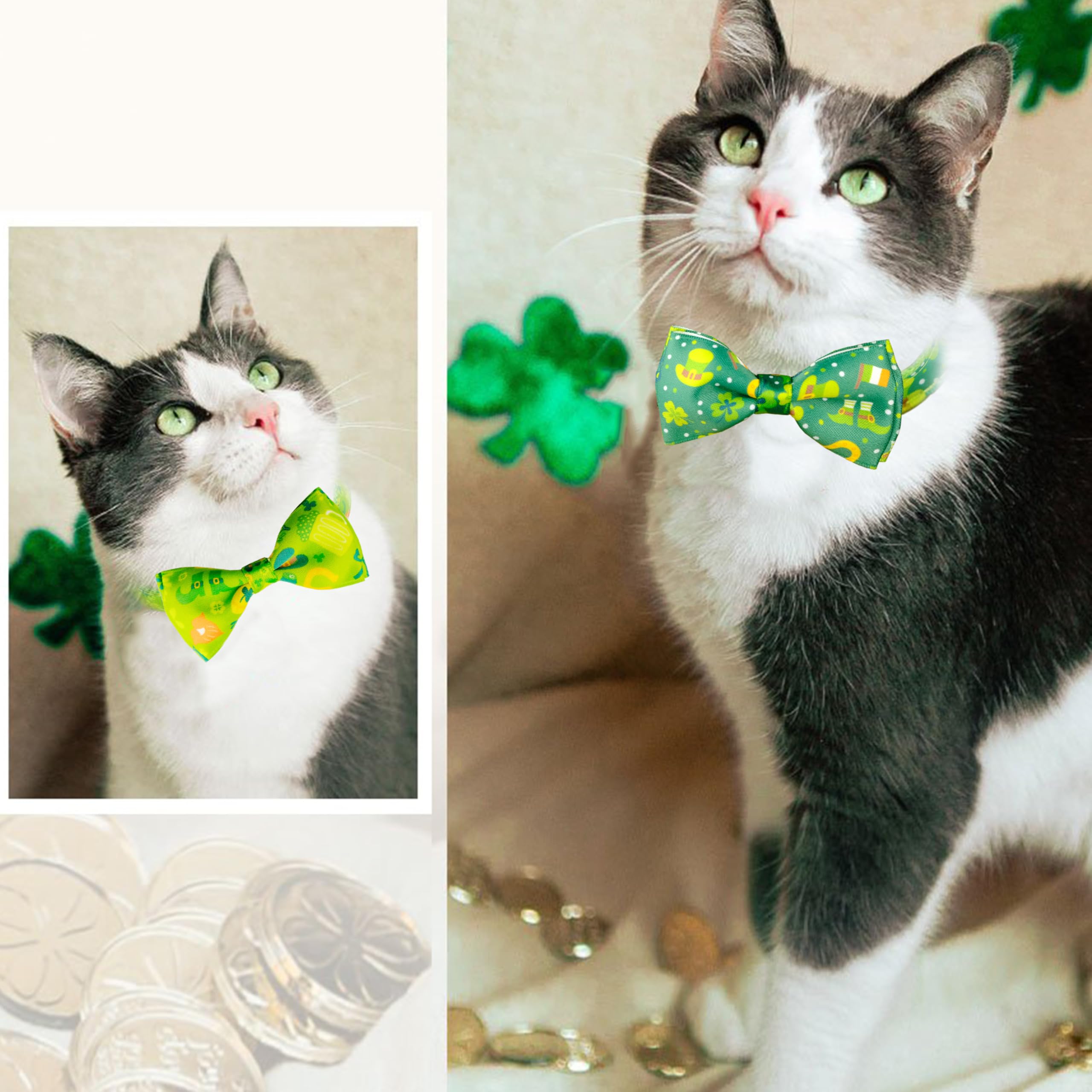 St. Patrick'S Day Cat Bow Tie Collar, 2-Pack Adjustable Breakaway Collars With Lucky Charms, Shamrocks, And Irish Patterns For C