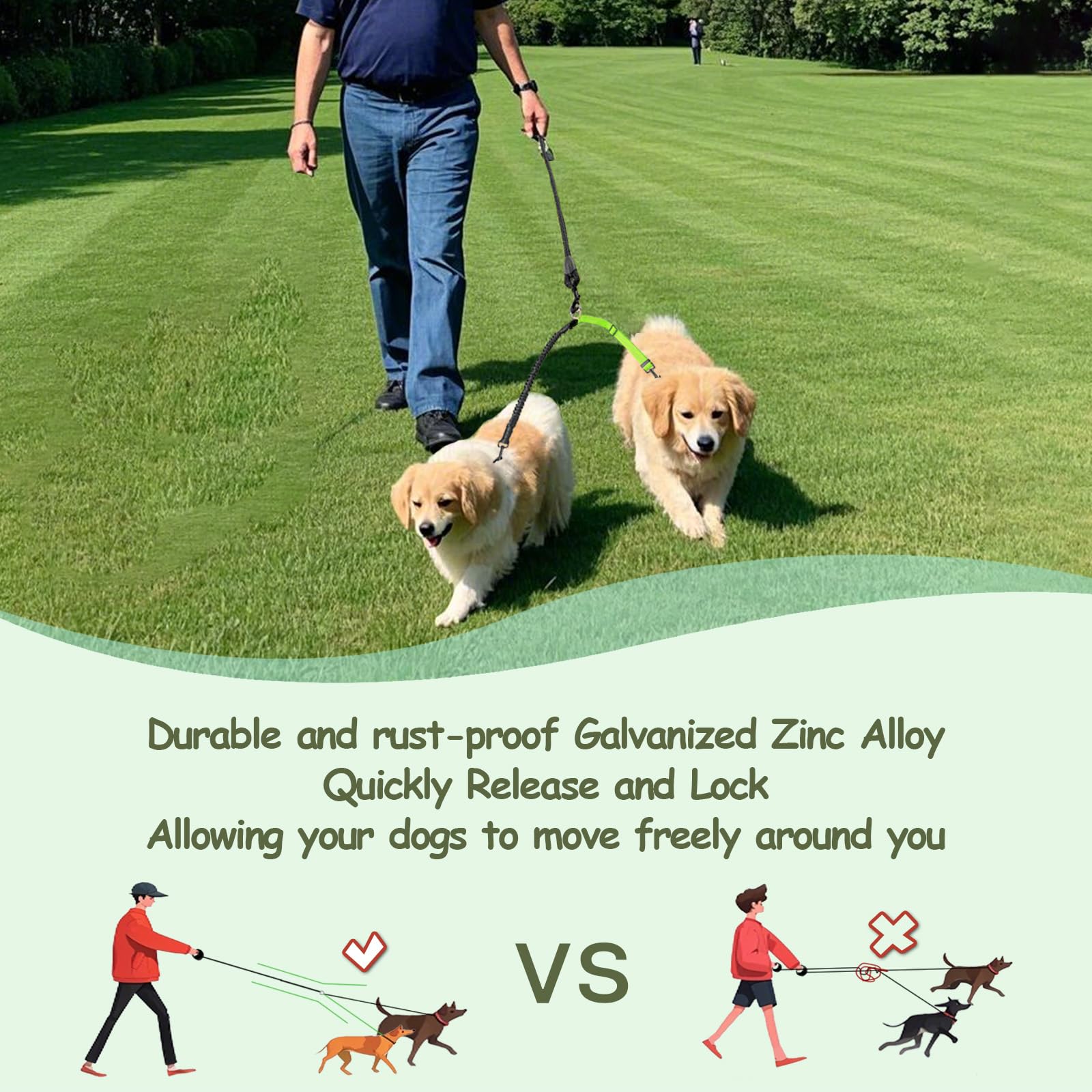 Leosasa Double Dog Leash - 360Swivel Tangle Free Splitter Attachment, 1 Rope With Handle, 2 Dogs Multi-Functional Leash, For Out