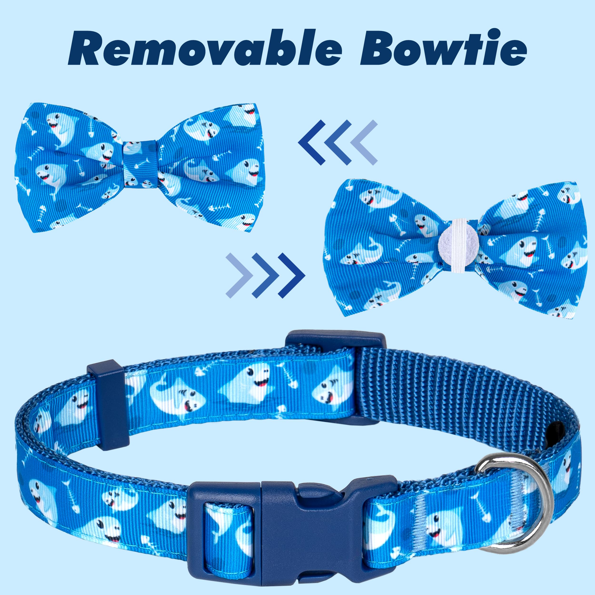 Azuza Dog Collar With Bow Tie, Soft And Comfortable Adjustable Bowtie Dog Collar For Small Dogs (S, Shark)