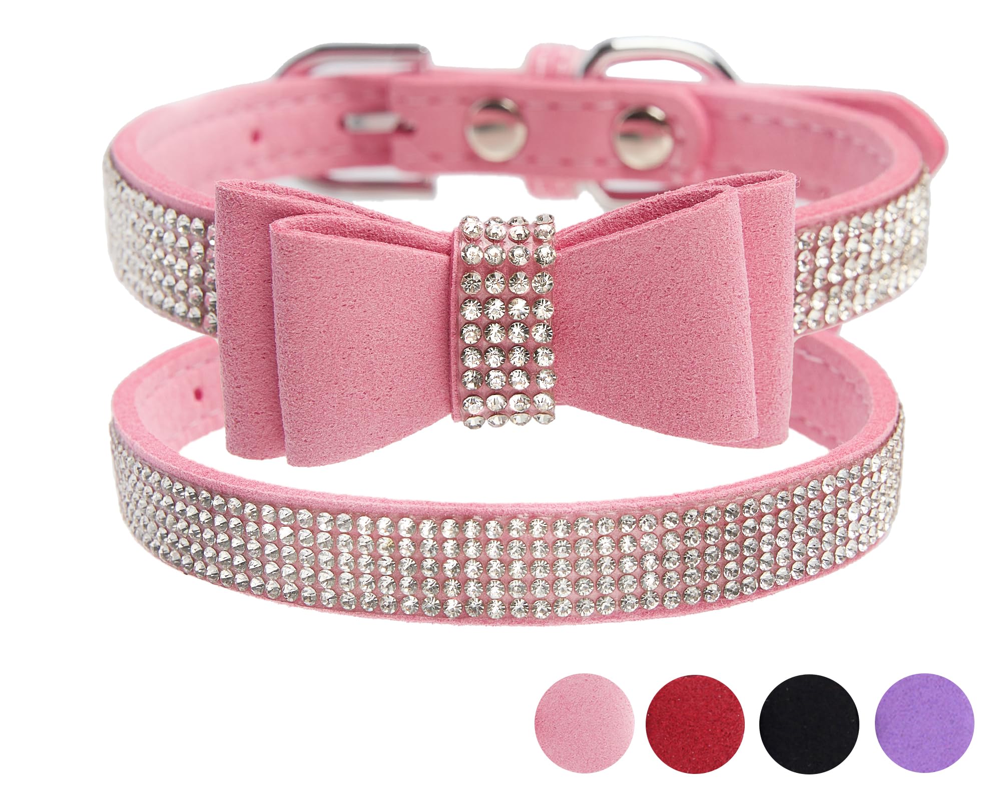 Pink Rhinestone Dog Collar Xs, 2-Pack Bling Cat Collar Soft Suede Glitter Diamond Jewelry Crystal Girl Puppy Collar With Bow For