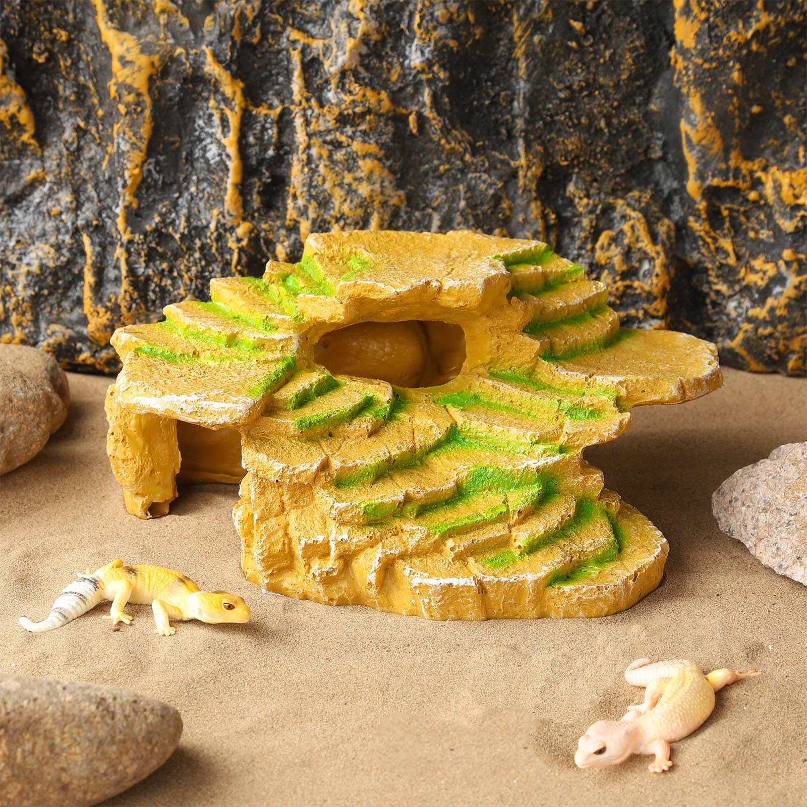 IBWell Bearded Dragon Hides and Caves Basking Rock Resin Hermit Crab Climbing Accessories for Habitat Yellow Aquarium Hiding Pla