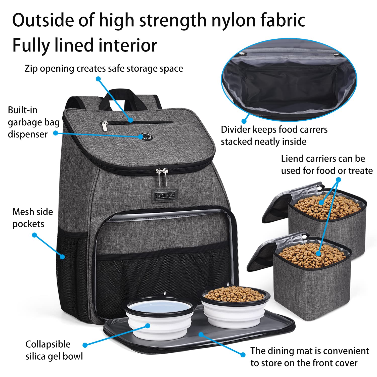 BAGLHER?Dog Travel Bag, Airline Approved Pet Supplies Backpack, Dog Travel Backpack Accessories Set with 2 Silicone Collapsible