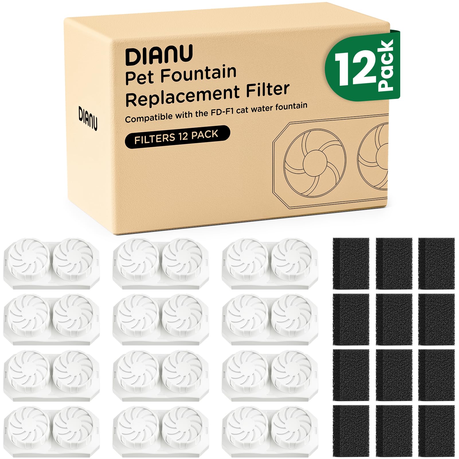 DIANU Official Cat Water Fountain Replacement Filters & Pre-Filter Sponges for 3.2L/108oz Stainless Steel Pet Fountain (12 Pack)