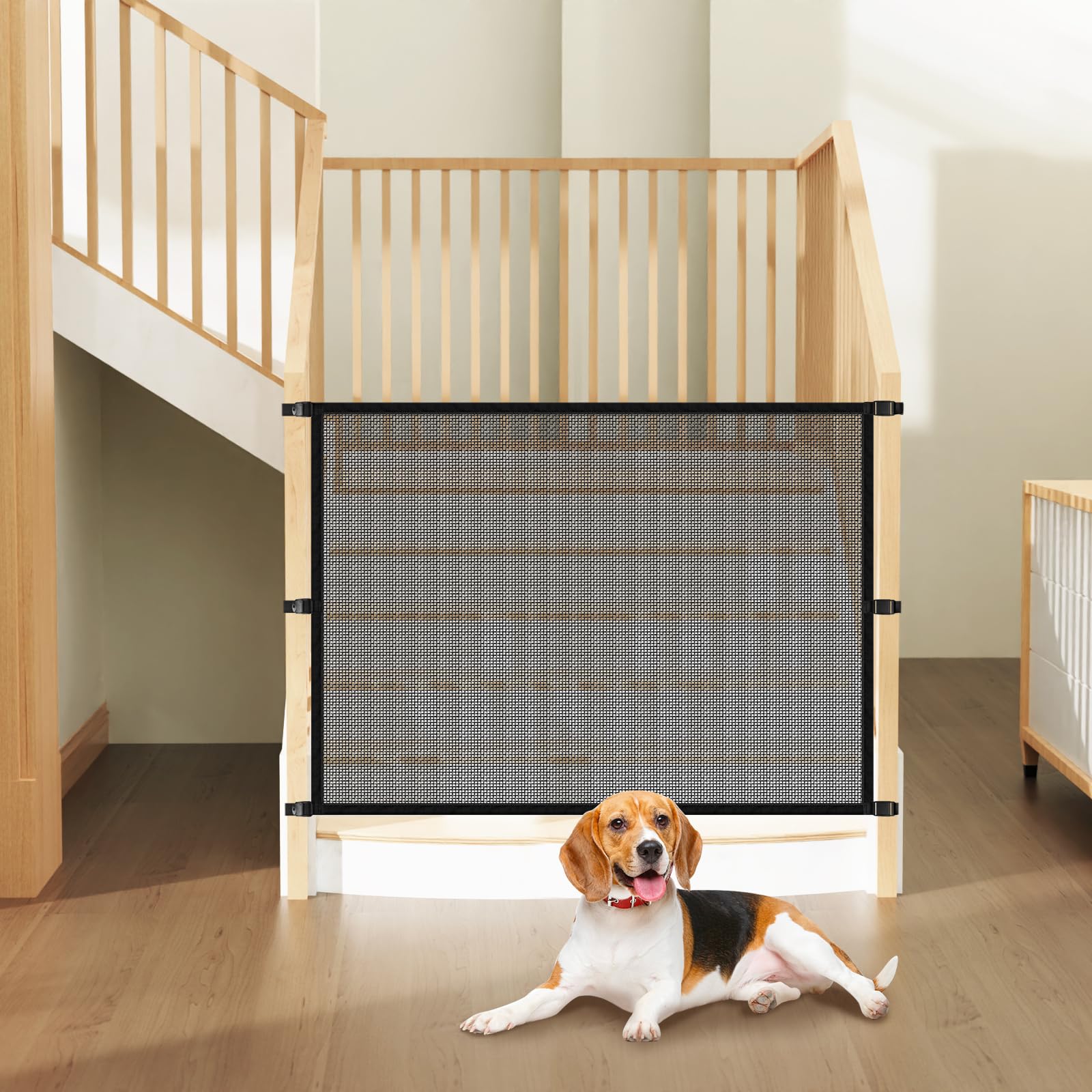 Dog Pet Mesh Safety Barrier for Stairs - Baby Gate for Stairway - No Drilling Puppy Barrier for Indoor - Banister to Banister
