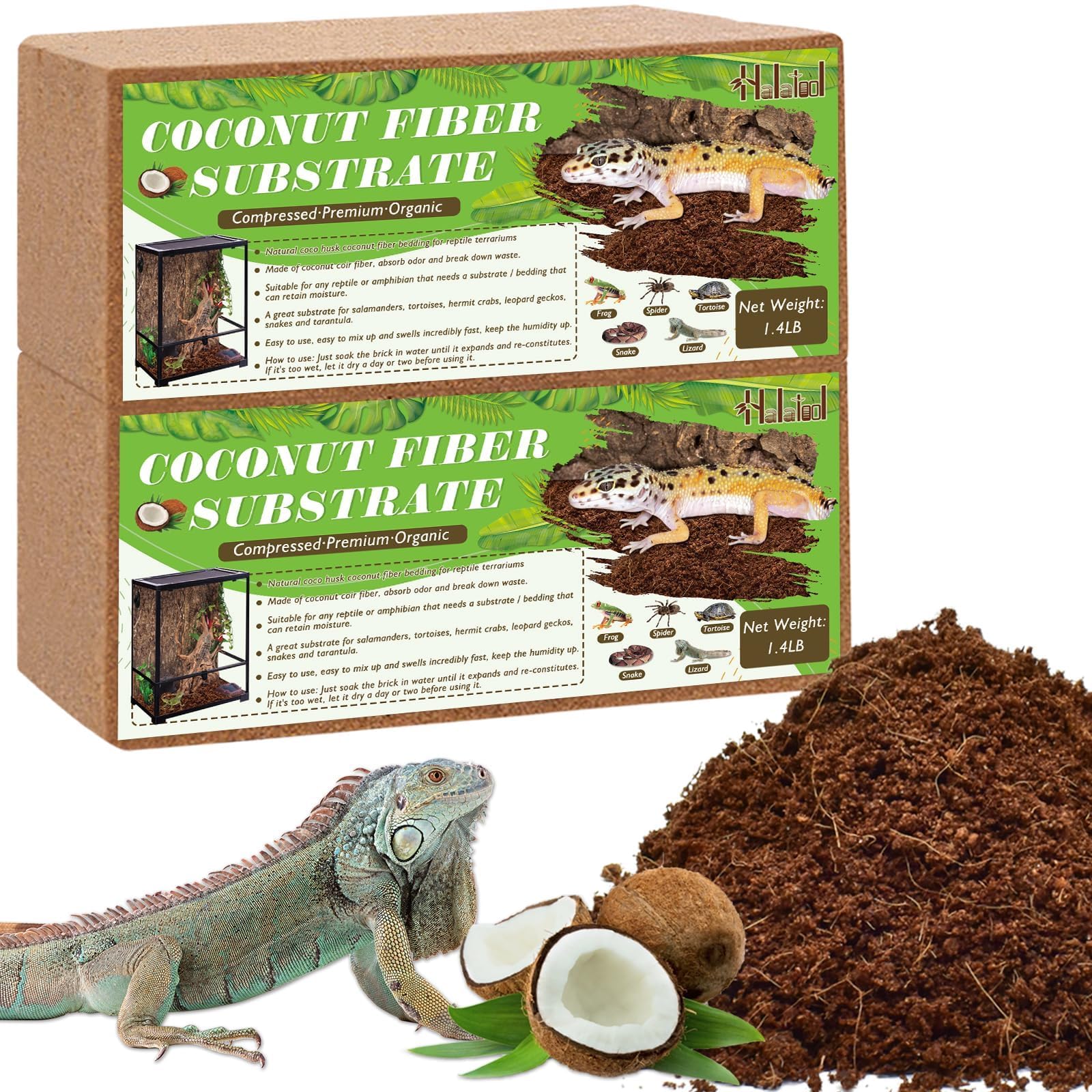 Halatool 2Pack Coconut Fiber Substrate for Reptile & Amphibians Natural Premium Coco Husk Terrarium Bedding for Tortoise Habitat