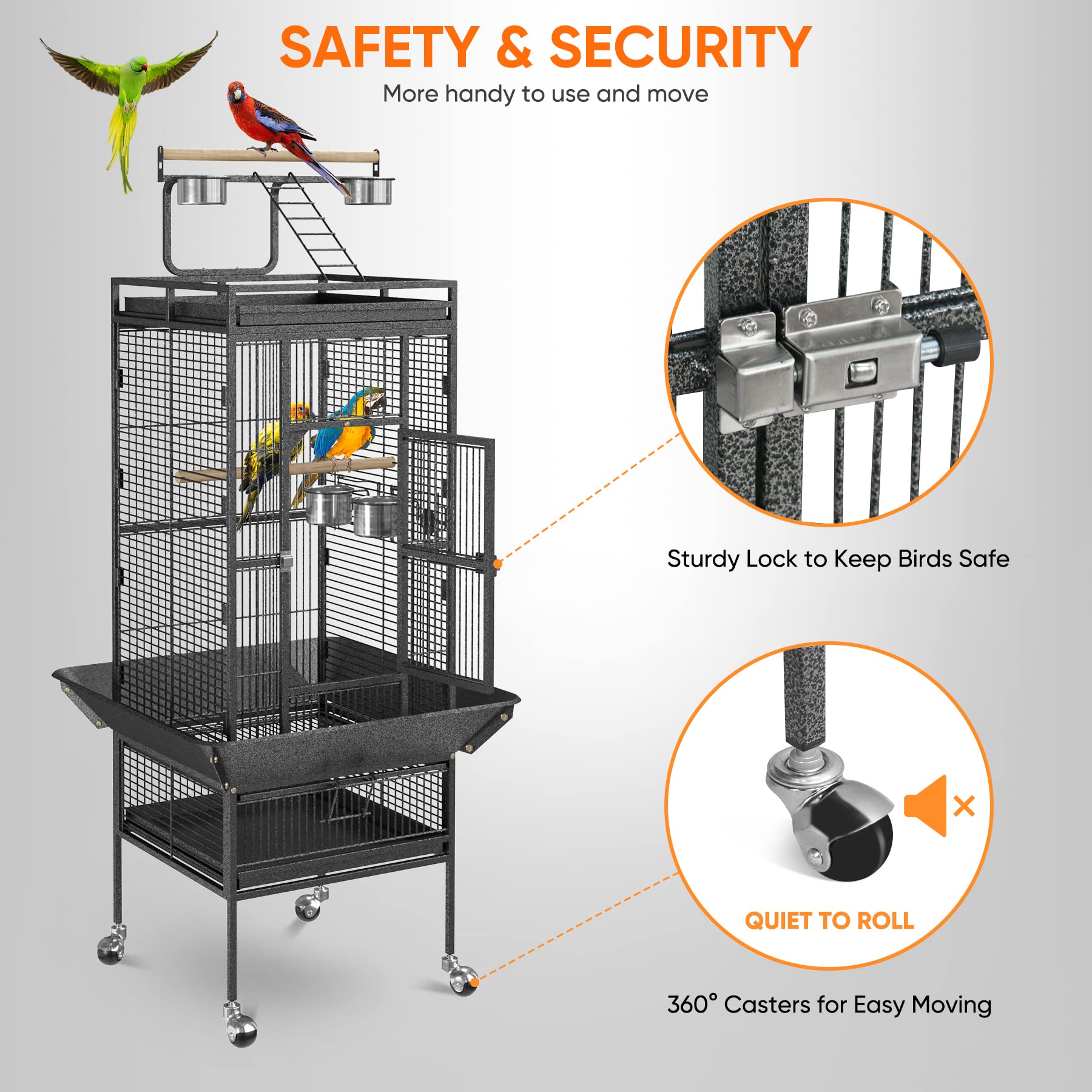 Super Deal Pro 61-Inch 2In1 Large Bird Cage With Rolling Stand Playtop Parrot Chinchilla Finch Cage Macaw Conure Cockatiel Cockatoo Pet House Wrought Iron Birdcage, Black