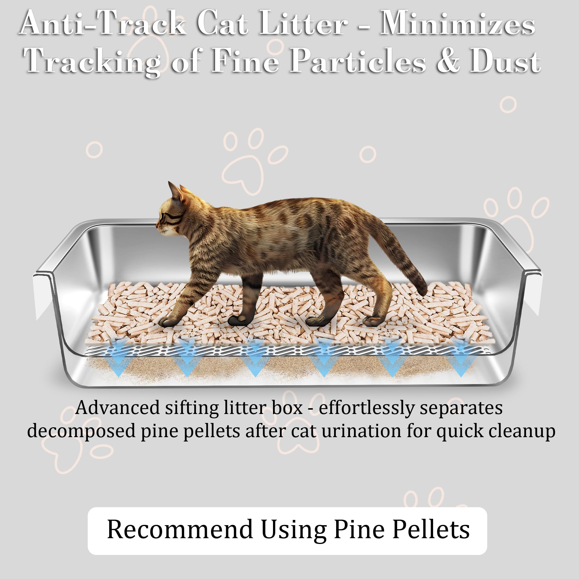 Stainless Steel Sifting Cat Litter Box For Pine Pellets, Xl Extra Large Metal Cat Litter Box Sifter Pan With Litter Scoop, Low D