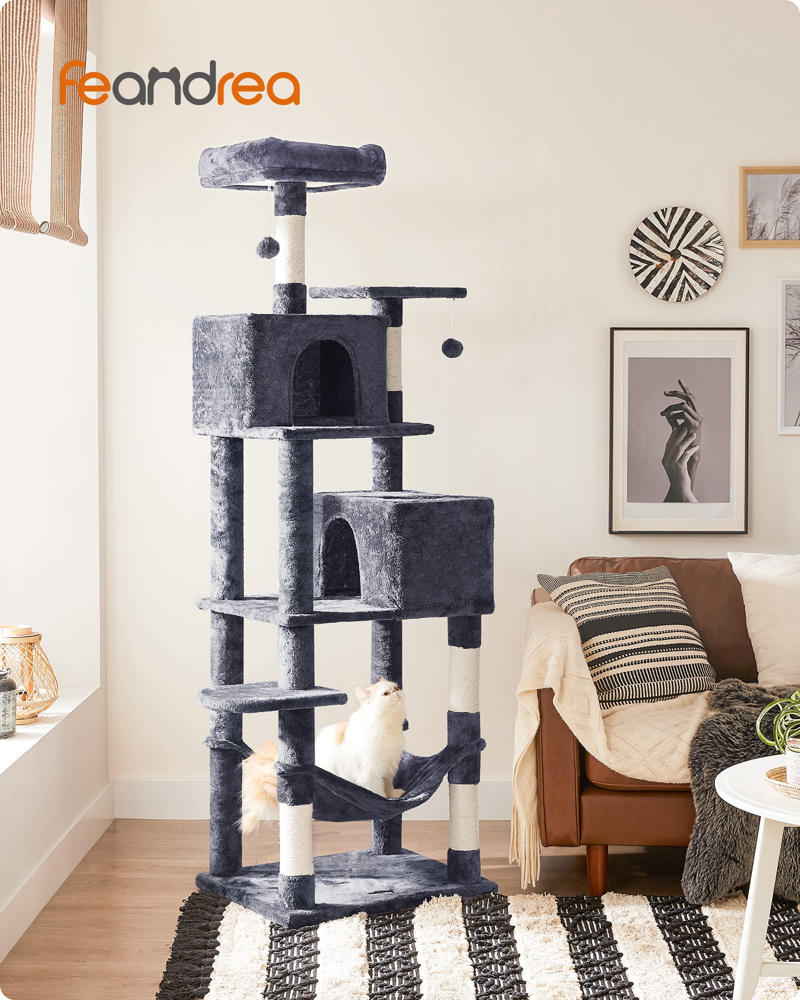 Feandrea Cat Tree, 75.2-Inch Cat Tower For Indoor Cats, Plush Multi-Level Cat Condo With 5 Scratching Posts, 2 Perches, 2 Caves, Hammock, 2 Pompoms, Smoky Gray Upct191G01