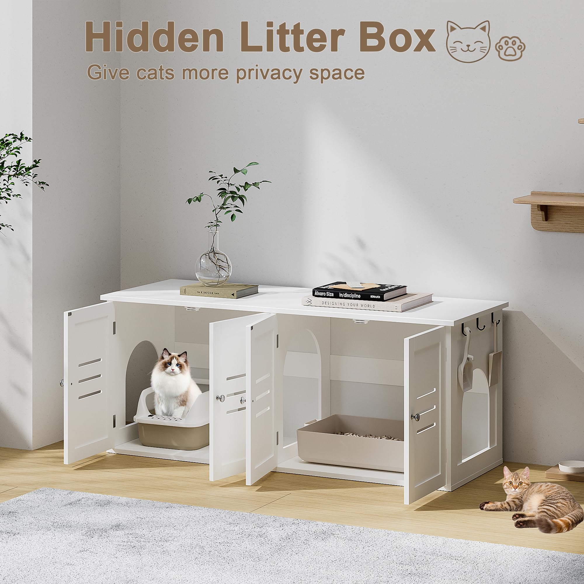 ChooChoo Cats Litter Box Enclosure, Hidden Wooden Litter Box with Double Room, Dog-Proof Cat Archway, White