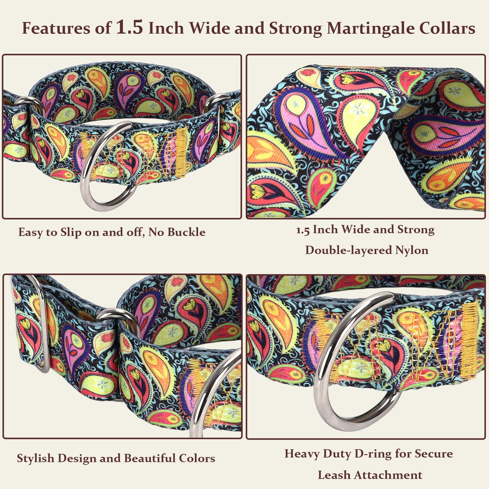 Martingale Dog Collar 1.5 Inch Wide - Heavy Duty Adjustable No-Pull Training Collar For Medium/Large Dogs, Cashew Flower Design
