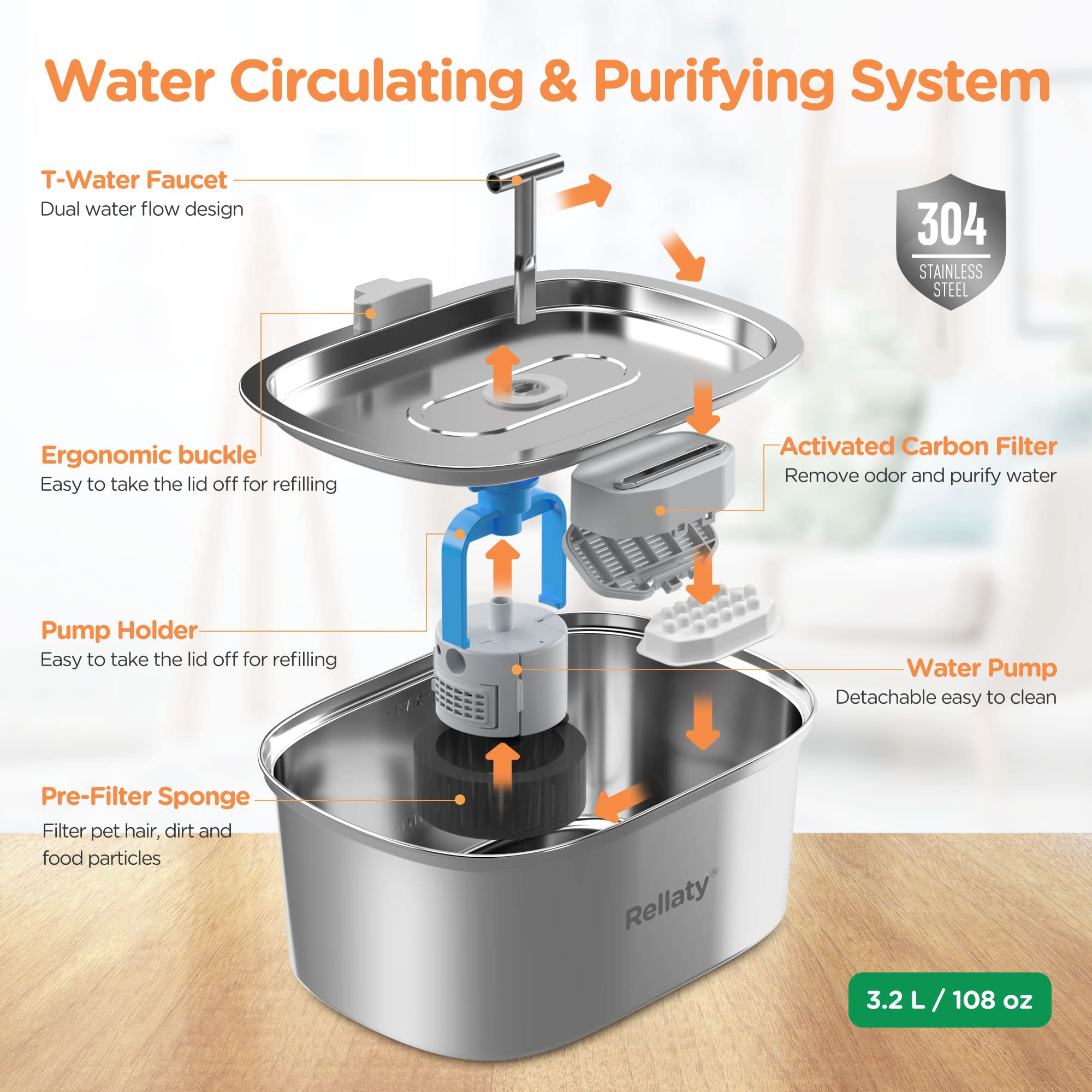 Rellaty Cat Water Fountain, Stainless Steel, 3.2L, Large Pet Drinking Dispenser with 4 Filters