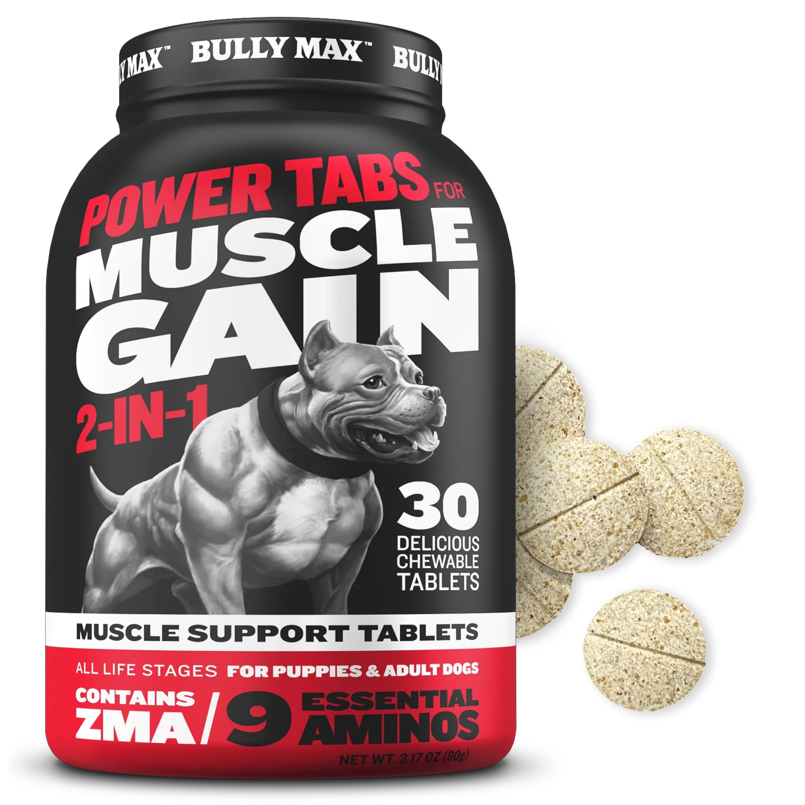 Bully Max 2-in-1 Muscle Builder Power Tabs for Puppies & Adult Dogs - Puppy & Dog Treats Vitamins for Muscle Gain & Growth - Mul