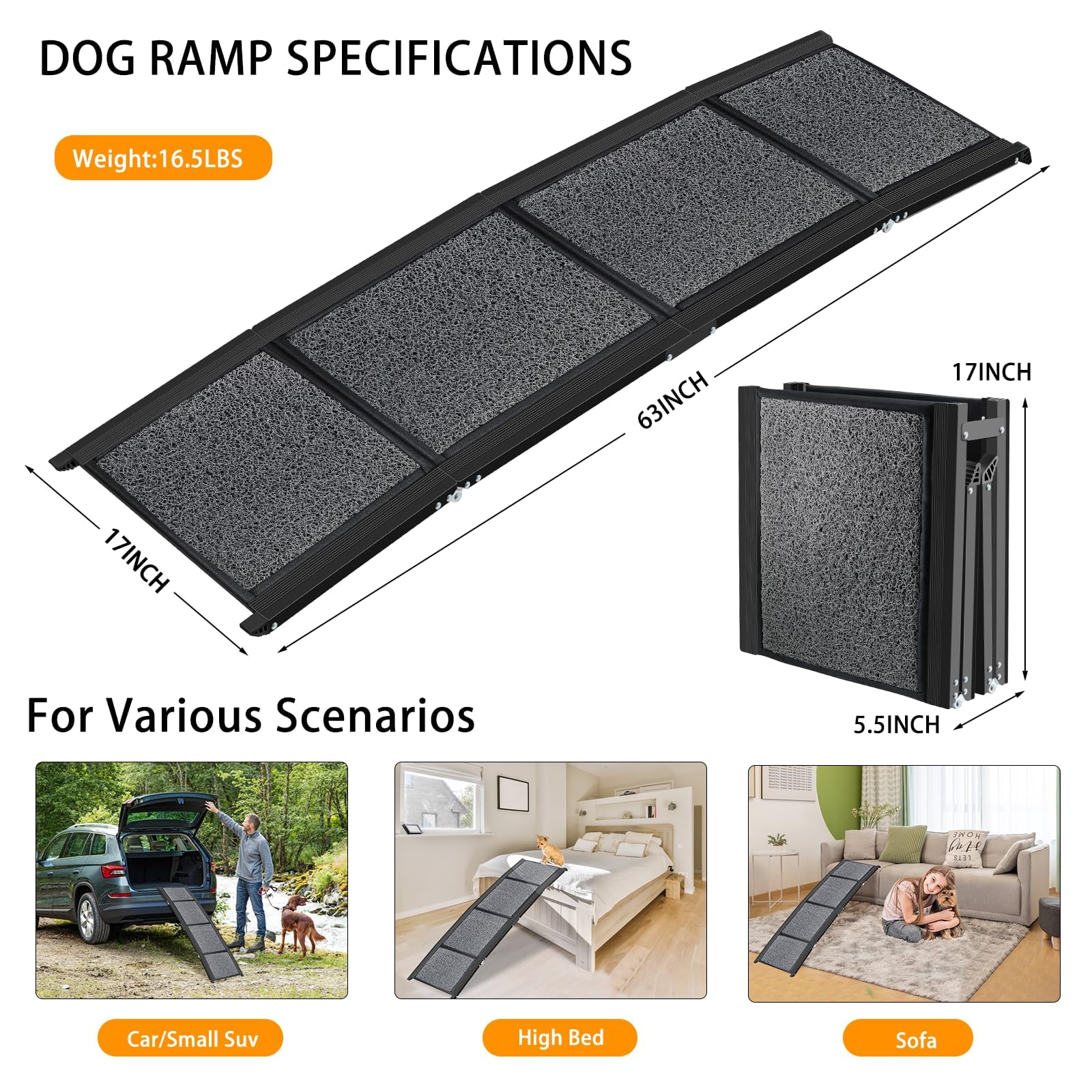 Dog Ramp For Car,Muzefansi Portable Folding Pet Stair Ramp For Medium & Large & Old Dogs - Up To 220Lbs, 63''  17'' Large Dog Ca