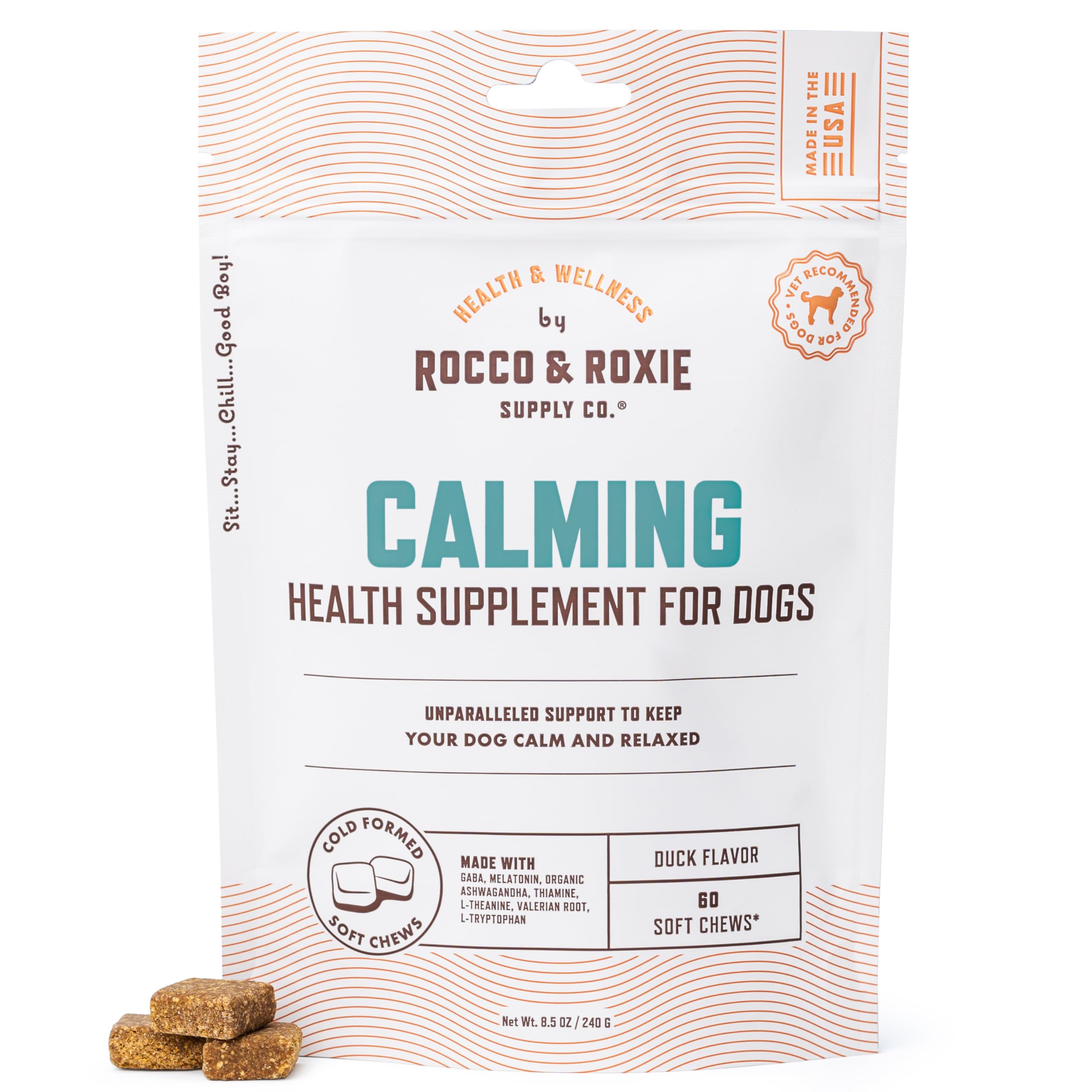 Rocco & Roxie Calming Chews for Dogs, Dog Anxiety Relief for Separation & Stress, Sleep Aid with Melatonin & Valerian for Large,