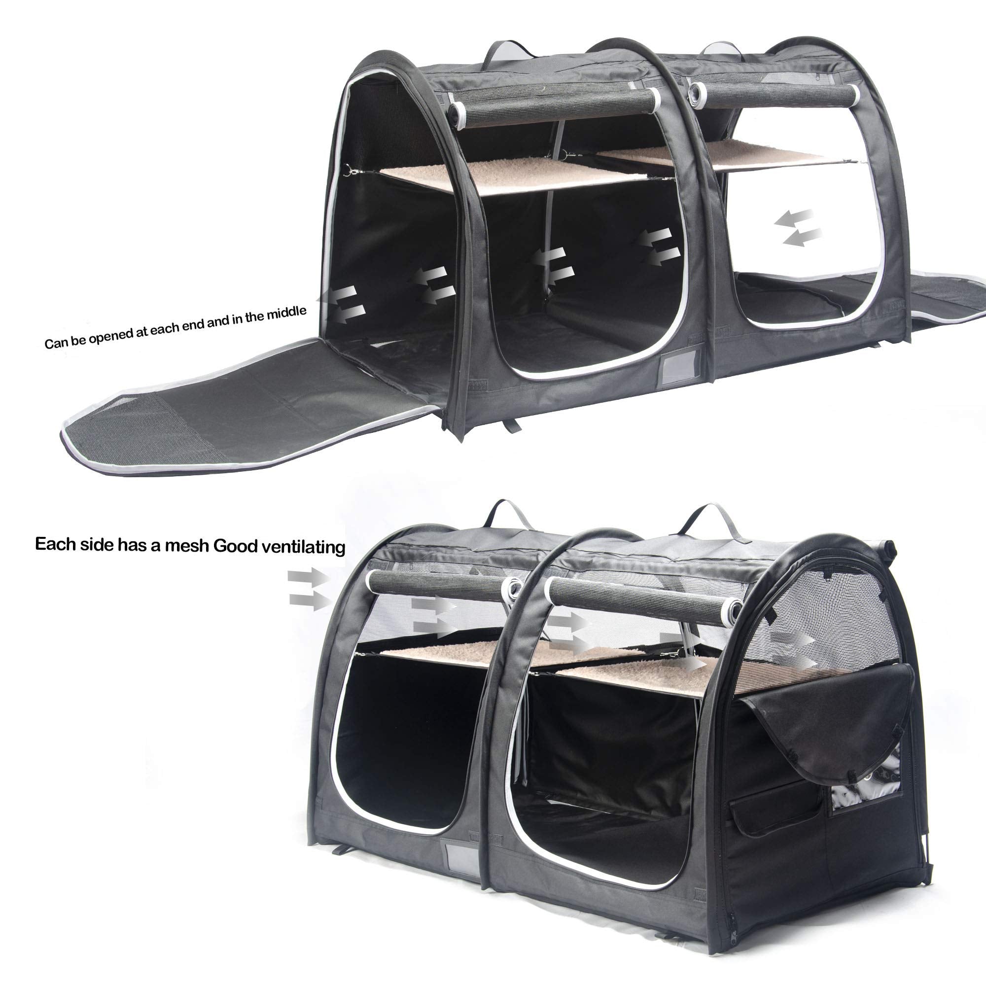 Mispace Portable Twin Compartment Show House Cat Cage Condo,Comfy Puppy Home Dog Travel Crate with Carry Bag/2 Hammocks/Mats & C