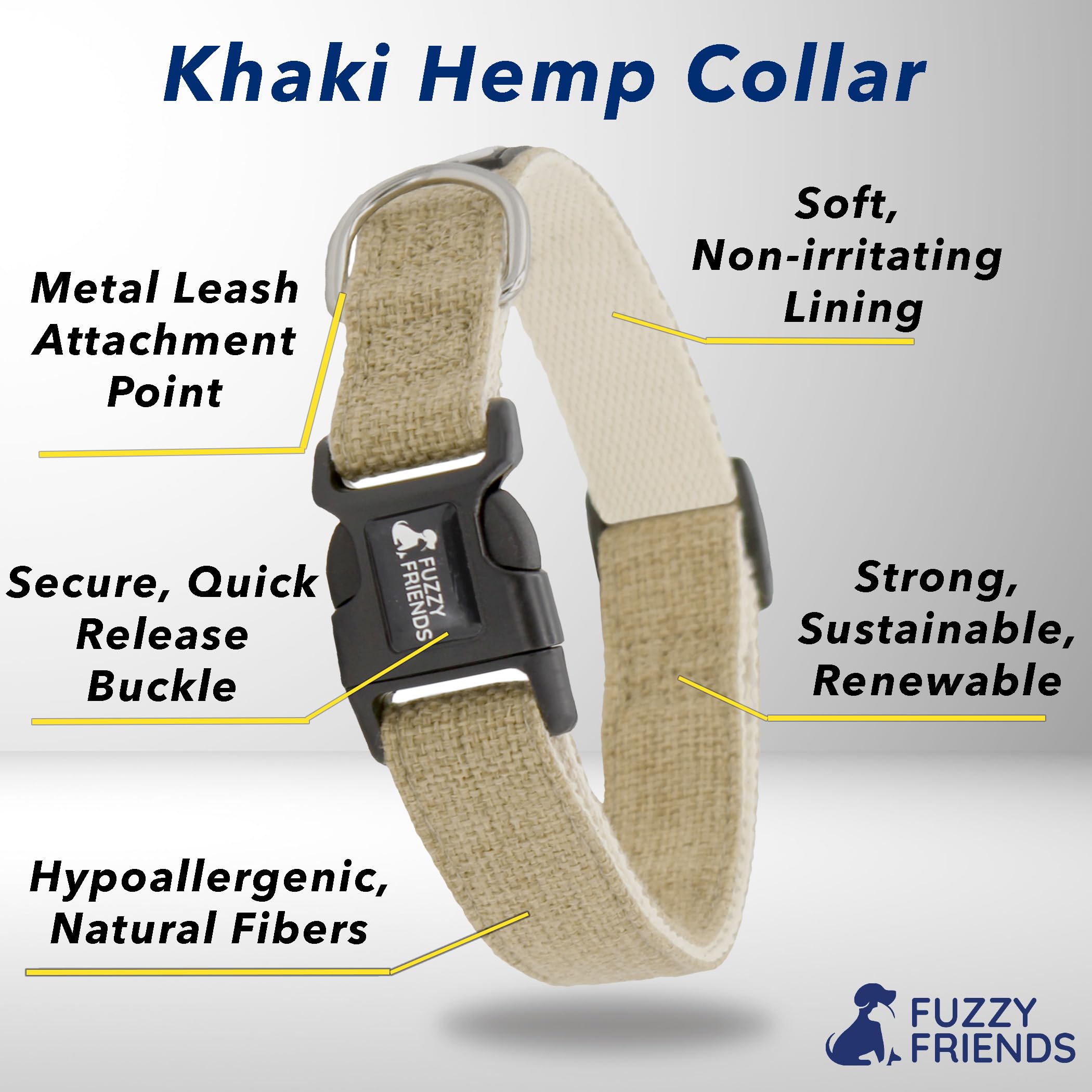Fuzzy Friends Khaki Hemp Dog Collar - Hypoallergenic Dog Collar - Comfortable for Sensitive Skin or Allergies with no Harsh Dyes