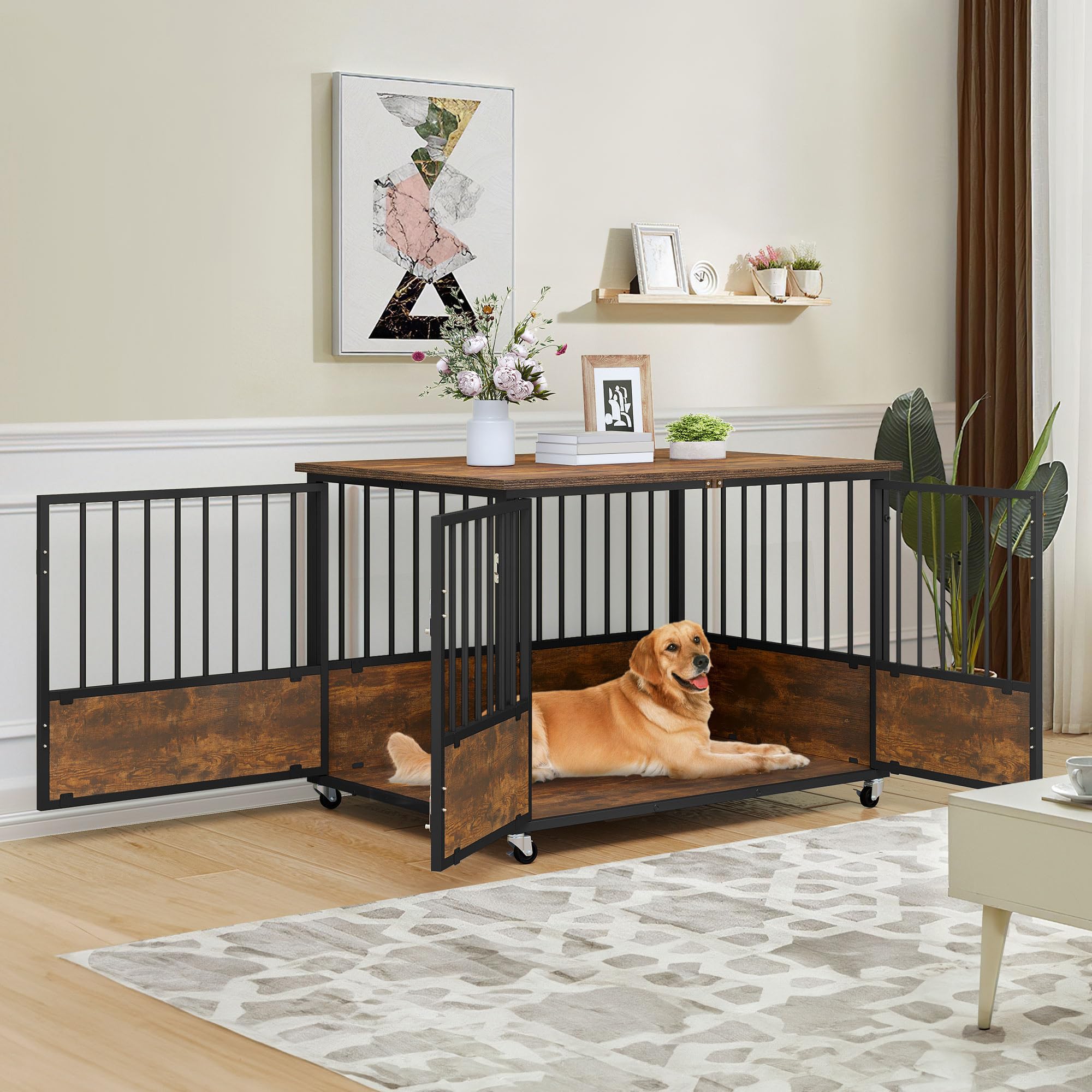 YITAHOME 43 Dog Crate Furniture with Wheels, Wooden Side End Table, Double-Doors Dog Kennel Indoor for Small/Medium/Large Dogs,