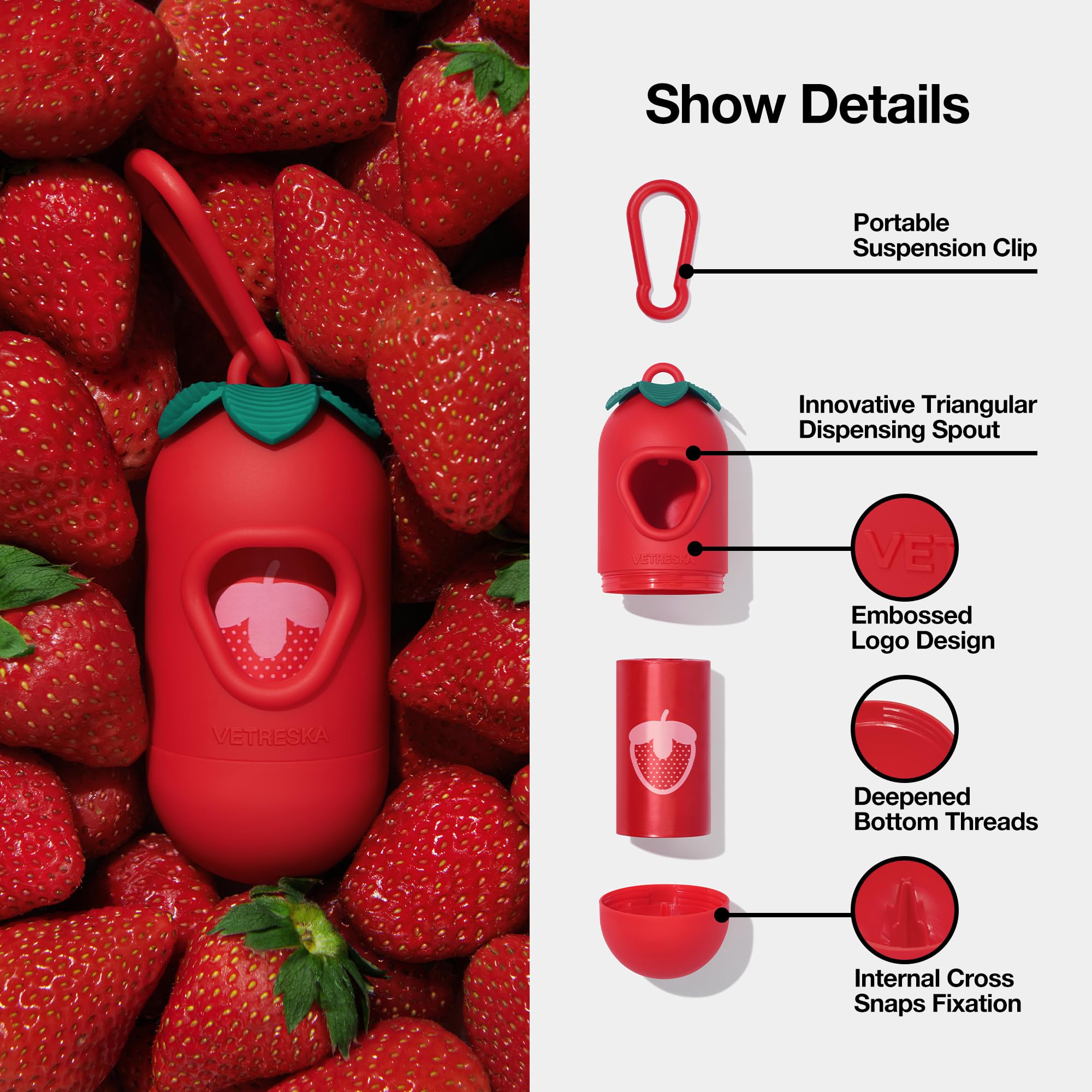 Vetreska Dog Poop Bag Dispenser With Strawberry Scented Bags, Leak Proof, Extra Thick And Large Pet Waste Bags,1 Count Bag Holde