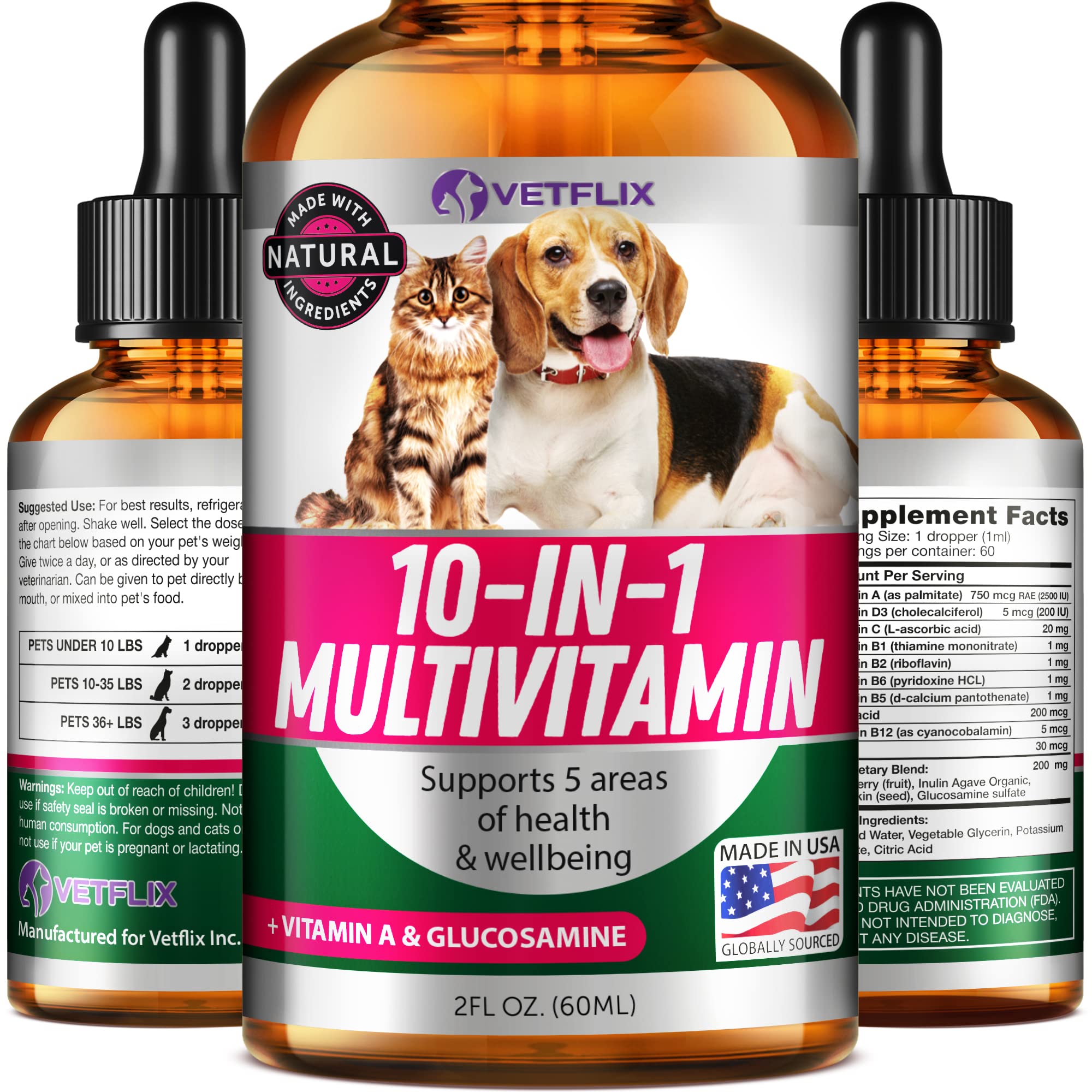 Pet Vitamins 10 in 1 - Made in USA - Glucosamine for Dogs & Cats - Dog Supplement for Pet Joint Health - Natural Cat, Dog Multiv
