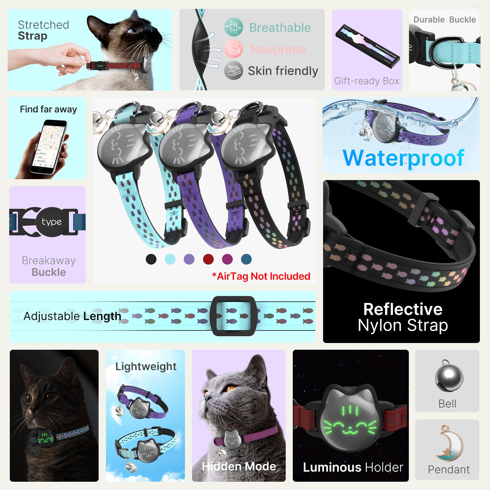 Waterproof Airtag Cat Collar, Breakaway Cat Airtag Collar With Luminous & Reflective Pattern Strap, Lightweight Kitten Collar For Apple Air Tag, Hidden Holder For Gps Tracker - Cats, Kittens (9-13')