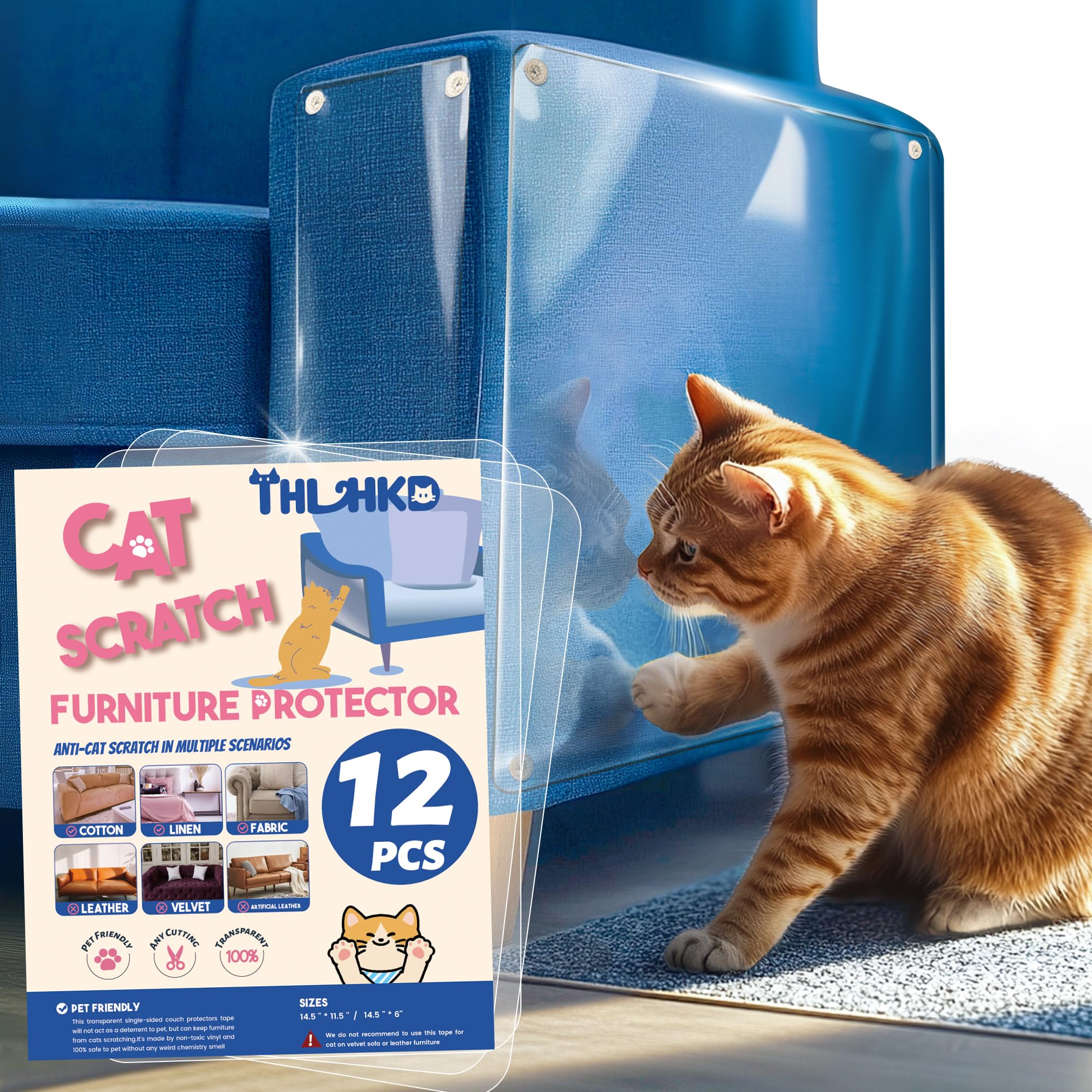 Thlhkd Cat Scratch Furniture Protector: 12 Pcs Couch Protectors Tape From Cats Claws Scratching Single Sided Clear Sticky Sheets
