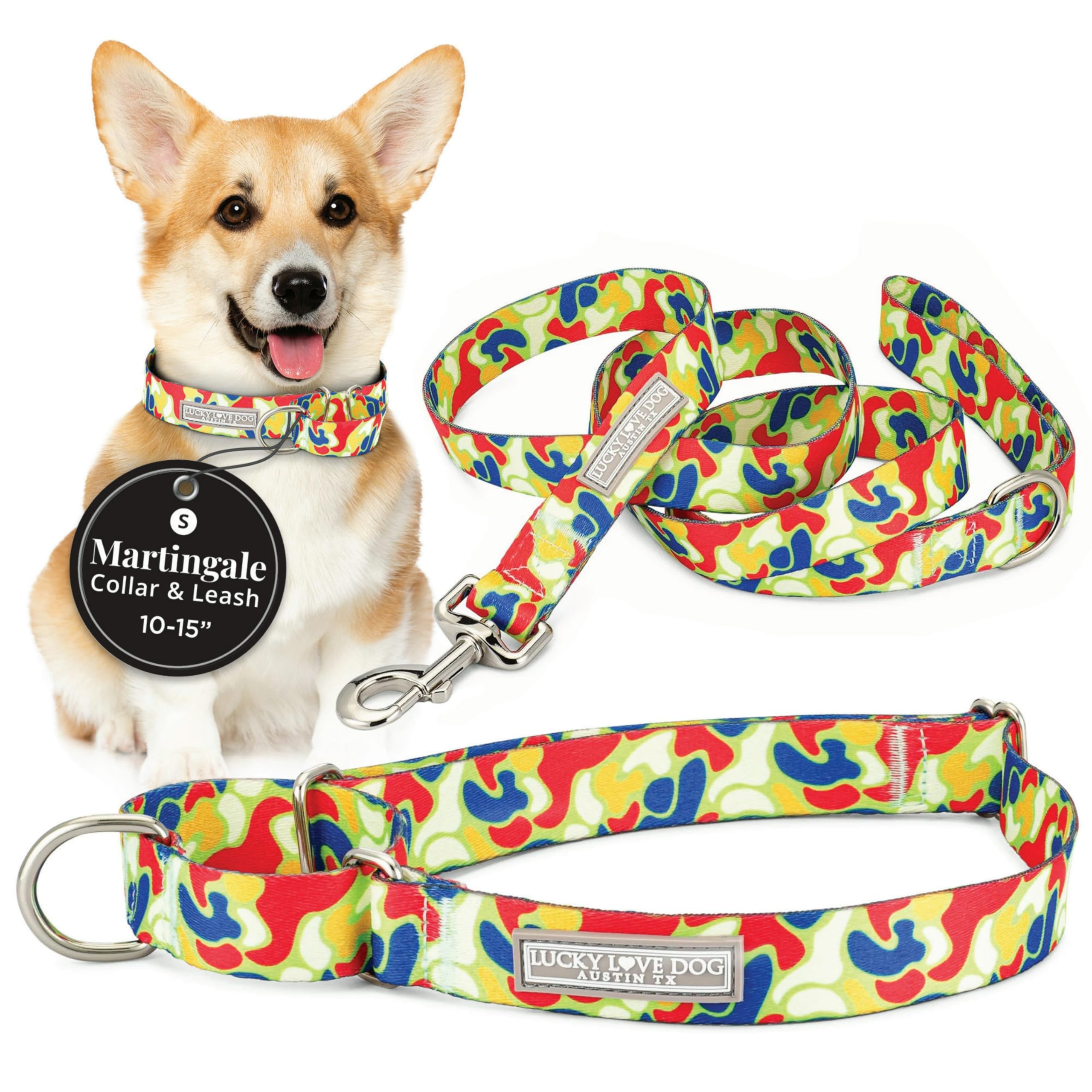 Lucky Love Dog Patterned Dog Collar & Leash - Adjustable, No-Slip, Durable, Soft Webbing, & Comfortable Dog Collar & Leash Set F