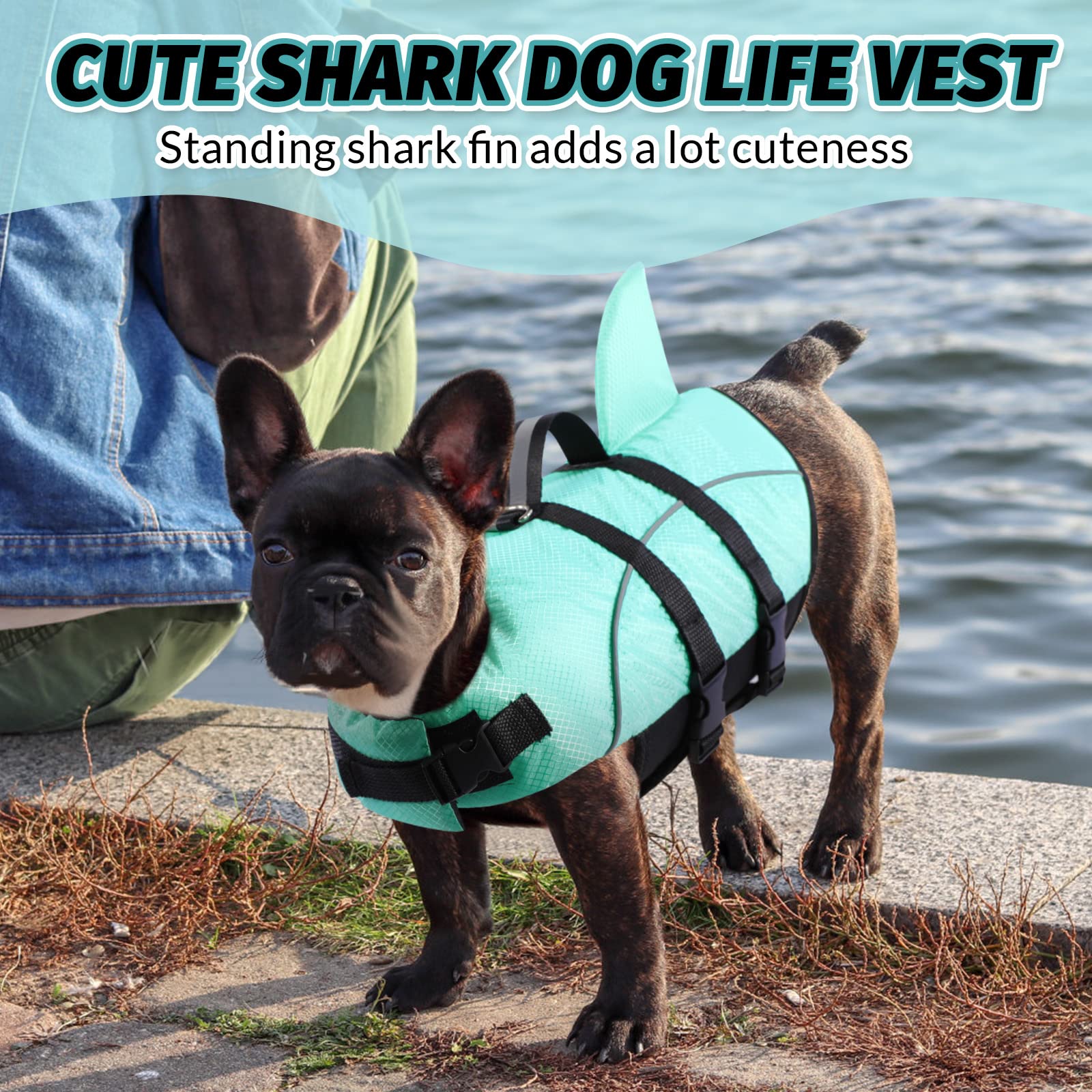 Queenmore Small Dog Shark Life Jacket,Dog Life Vest for Swimming Boating Kayaking,High Buoyancy Puppy Dog Life Preserver,Reflect