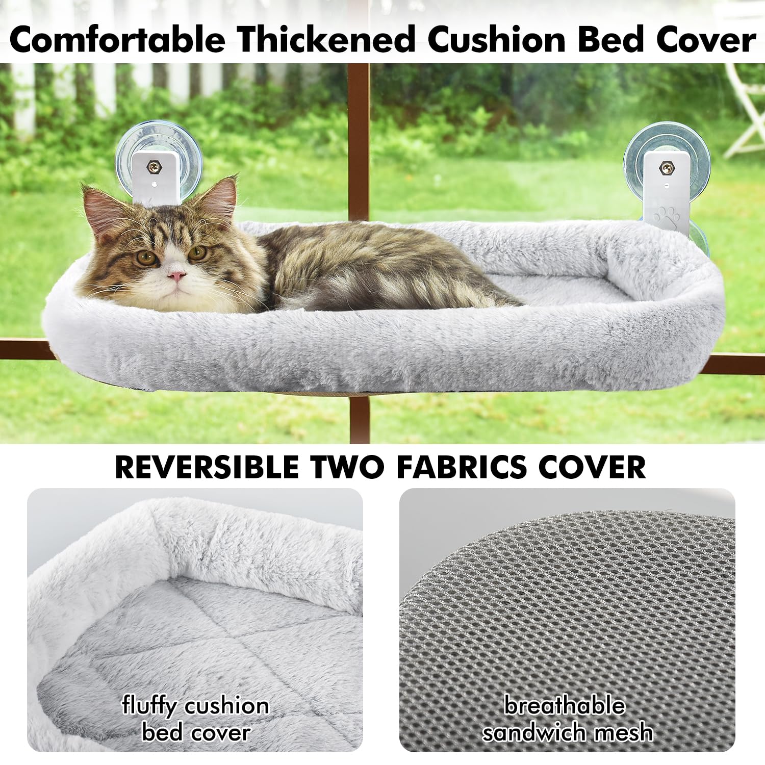 Amosijoy Cordless Cat Window Perch, Cat Hammock For Wall With 4 Strong Suction Cups, Solid Metal Frame And Two Replaceable Covers, Foldable Cat Beds For Indoor Cats (Large-Cushion Bed-Gray)