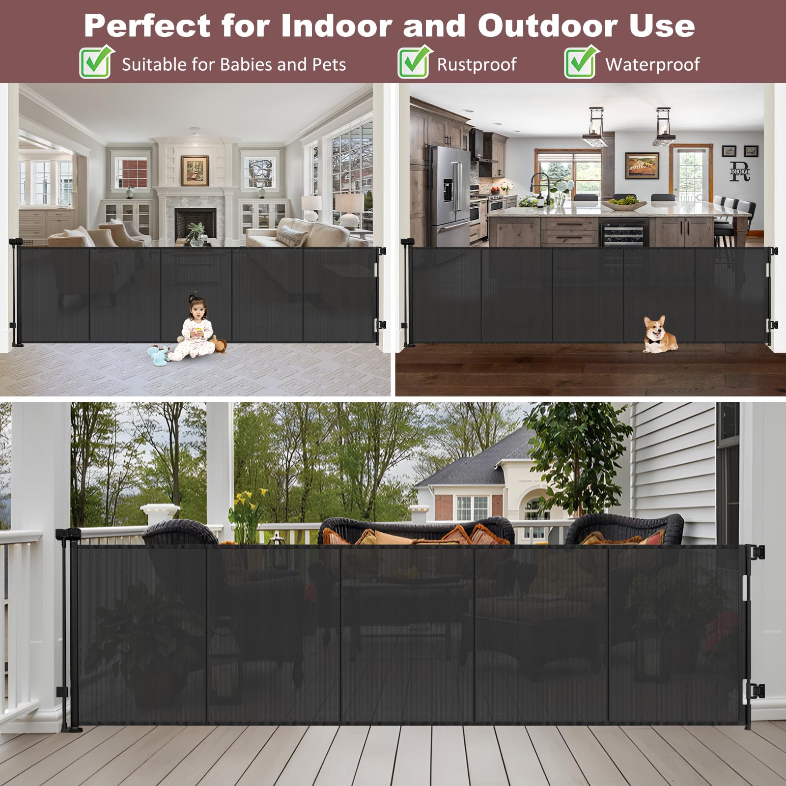 GRENFU Retractable Baby Gate - 41" Tall x 120" Wide, Black, for Large Openings, Indoor/Outdoor Use, Model TH-A135