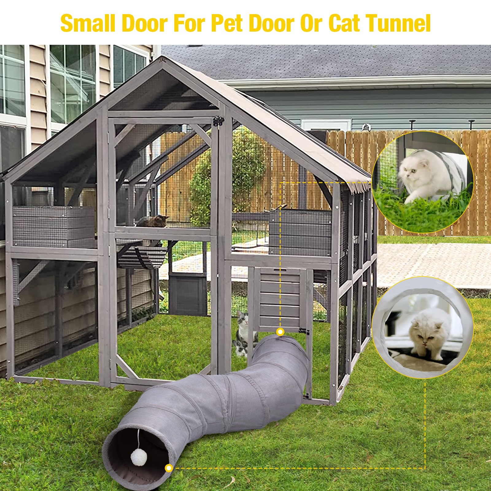 Aivituvin Catio For Multiple Cats, Large 56.54Ft Outdoor Enclosure, Weatherproof W/ 2 Bridges, 7 Trails, 2 Houses, Grey
