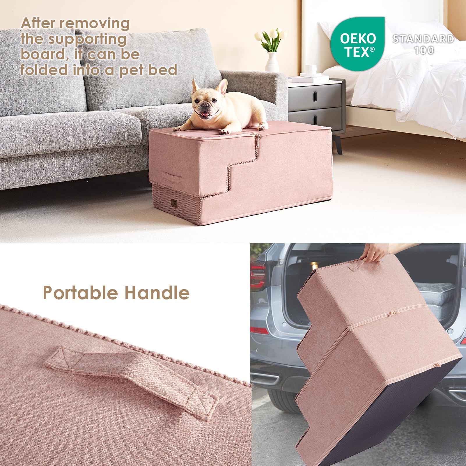 Eheyciga Dog Stairs For High Bed 22.5”H, 5-Step Dog Steps For Bed, Pet Steps For Small Dogs And Cats, Non-Slip Balanced Dog Indoor Ramp, Pink