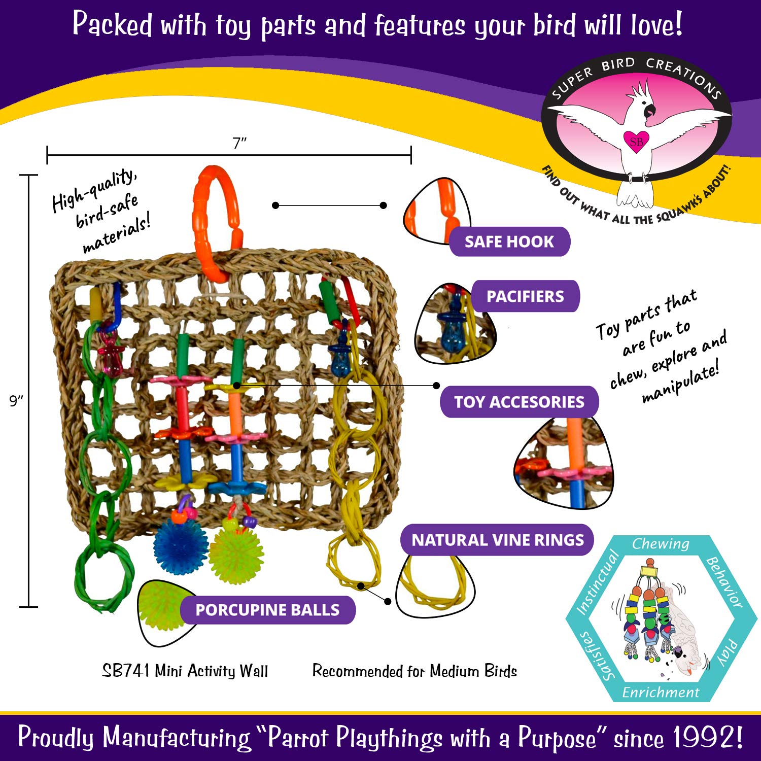 Super Bird Creations Sb741 Seagrass Mini Activity Wall With Colorful Foraging Toys For Parrots, Medium Size, 9” X 7” X 2”