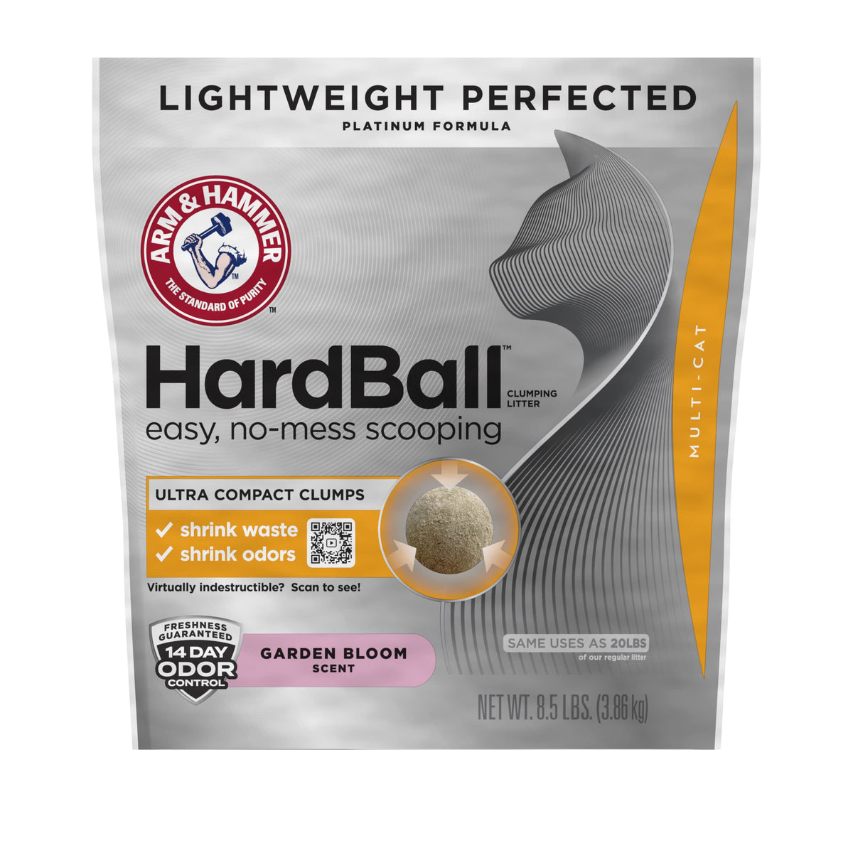 Arm & Hammer Hardball Lightweight Easy No-Mess Scooping Garden Bloom Scent Platinum Multi-Cat Clumping Litter, 8.5Lb Bag