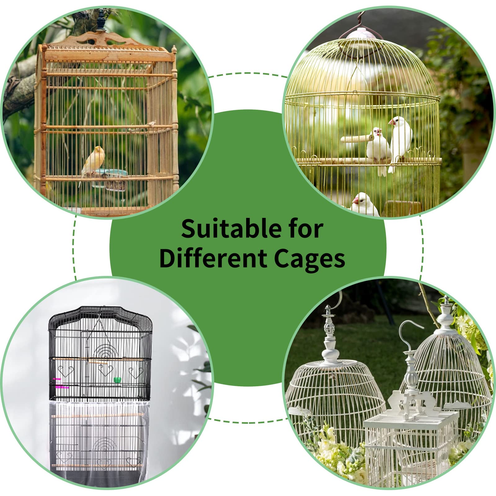 Daoeny 2Pcs Bird Cage Cover, Adjustable Soft Airy Nylon Mesh Parrot Net, Universal Feather Seed Catcher, Birdcage Cover Skirt Sheer Guard For Round Square Bird Cages (White +Black)