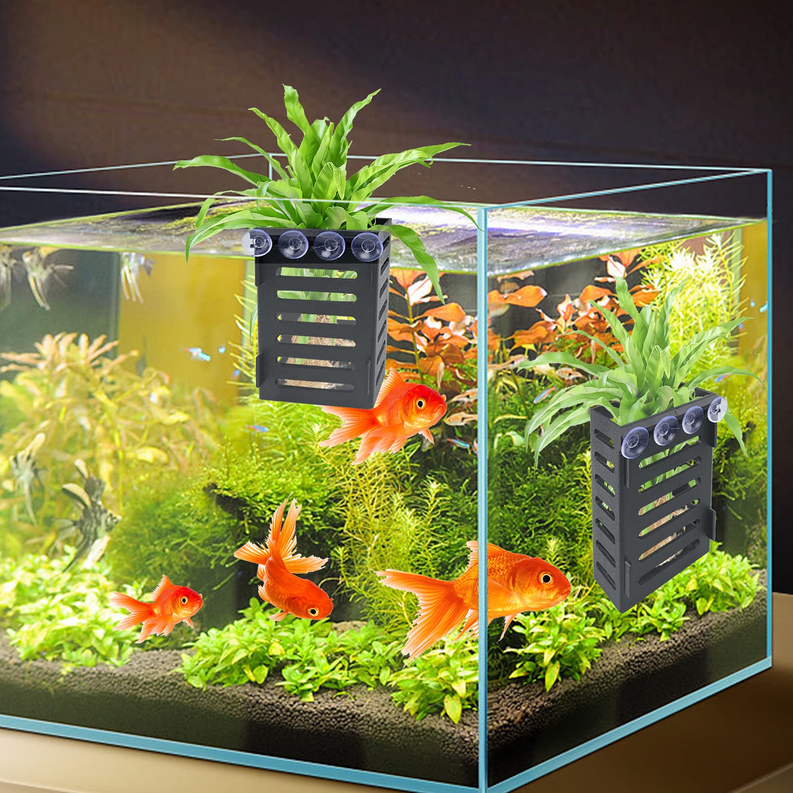Uprony Aquarium Plant Holder 4 PCS Hanging Aquatic Plant Pot with 24 Hooks and 20 Suction Cups for Fish Tank Aquarium Planter an