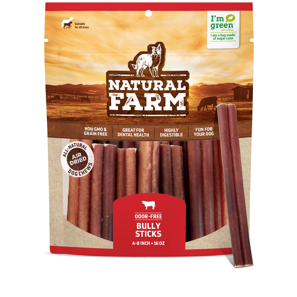 Natural Farm Odor-Free Bully Sticks (4-8”, 16Oz) All-Natural Long-Lasting Chews, 100% Beef Pizzle, Grass-Fed, Grain-Free, Hormone-Free, Protein For Muscle Development & Energy, Perfect For Medium Dogs