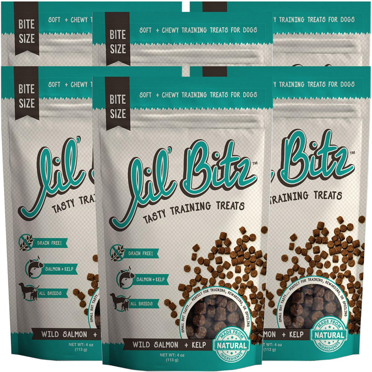 Lil' Bitz Training Treats For Dogs And Cats (6 Pack, All Dog Sizes - Wild Salmon + Kelp)