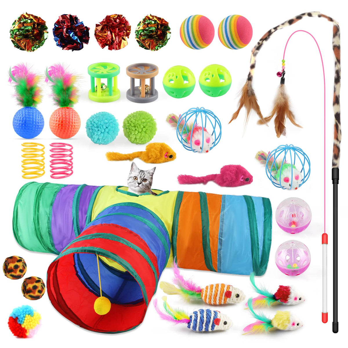 Oziral Cat Toys Set 32 Pcs Kitten Toys Assortments Including 3 Way Tunnel Cat Feather Teaser Wand Sisal Mice Bell Balls Crinkle Balls Interactive Cat Toys For Indoor Cats Kitten