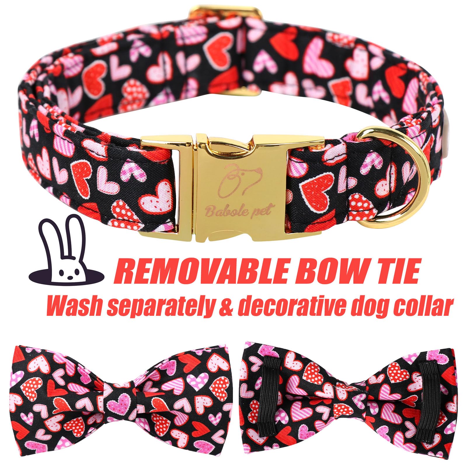 Babole Pet Valentines Dog Collar with Bow Tie,Colorful Love Heart Valentine Dog Collars with Safety Metal Buckle Adjustable Pupp