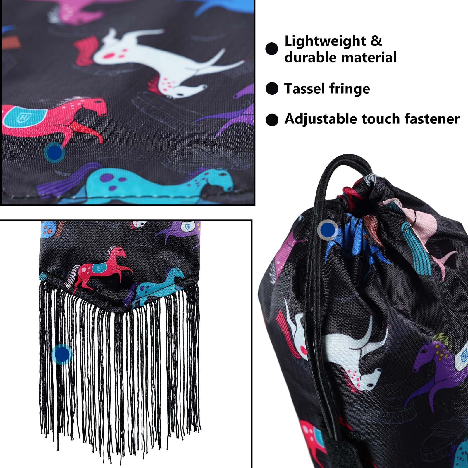 Harrison Howard Smooth Lightweight Adjustable Fastener Nylon Horse Tail Bag With Fringe-Pony Print Black