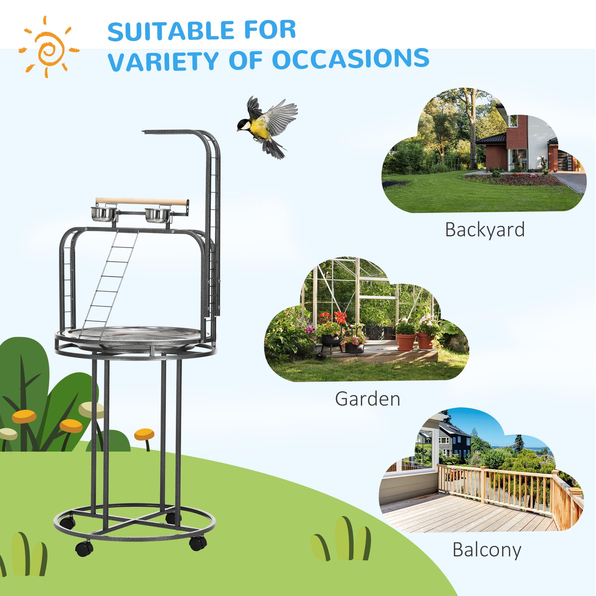 Pawhut Parrot Stand Large Bird Perch Stand With Toy Hook & 3 Ladders, Parrot Perch With Easy Grip, Bird Wooden Stand, Gray