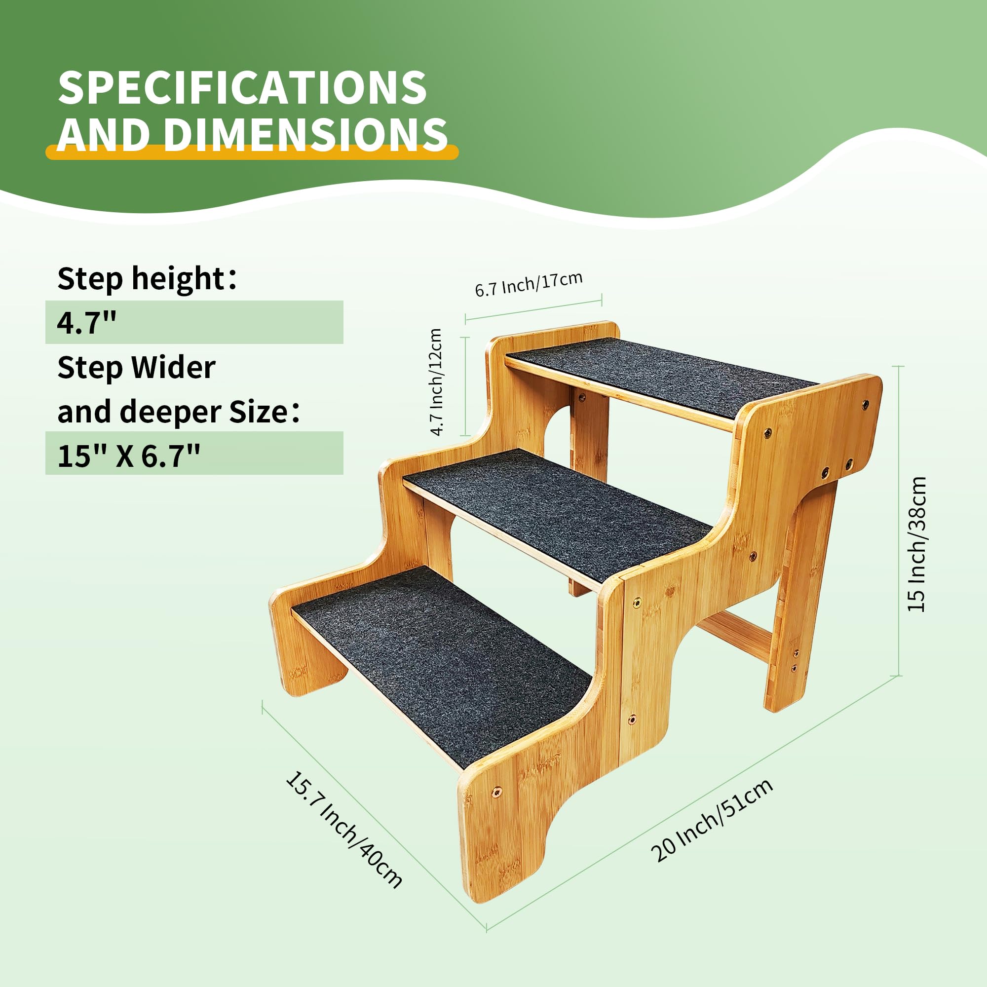 GXONE Dog Stairs - 3-Step Bamboo Ramp for Small Dogs, Supports Up to 160 LB, Nature Color, Model DS-3