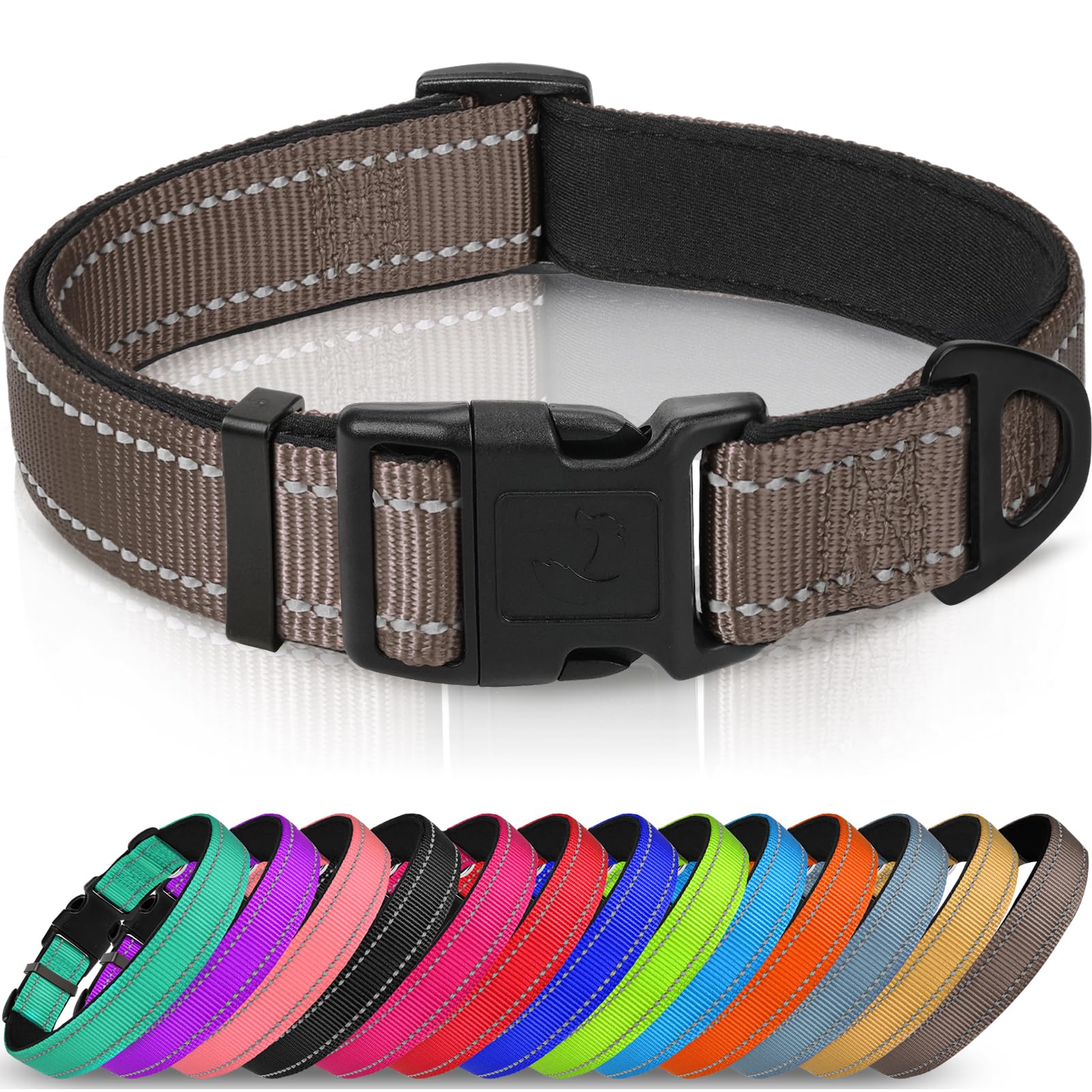Joytale Reflective Dog Collar,Soft Neoprene Padded Nylon Pet Collar Adjustable For Extra Large Dogs,Brown,Xlarge