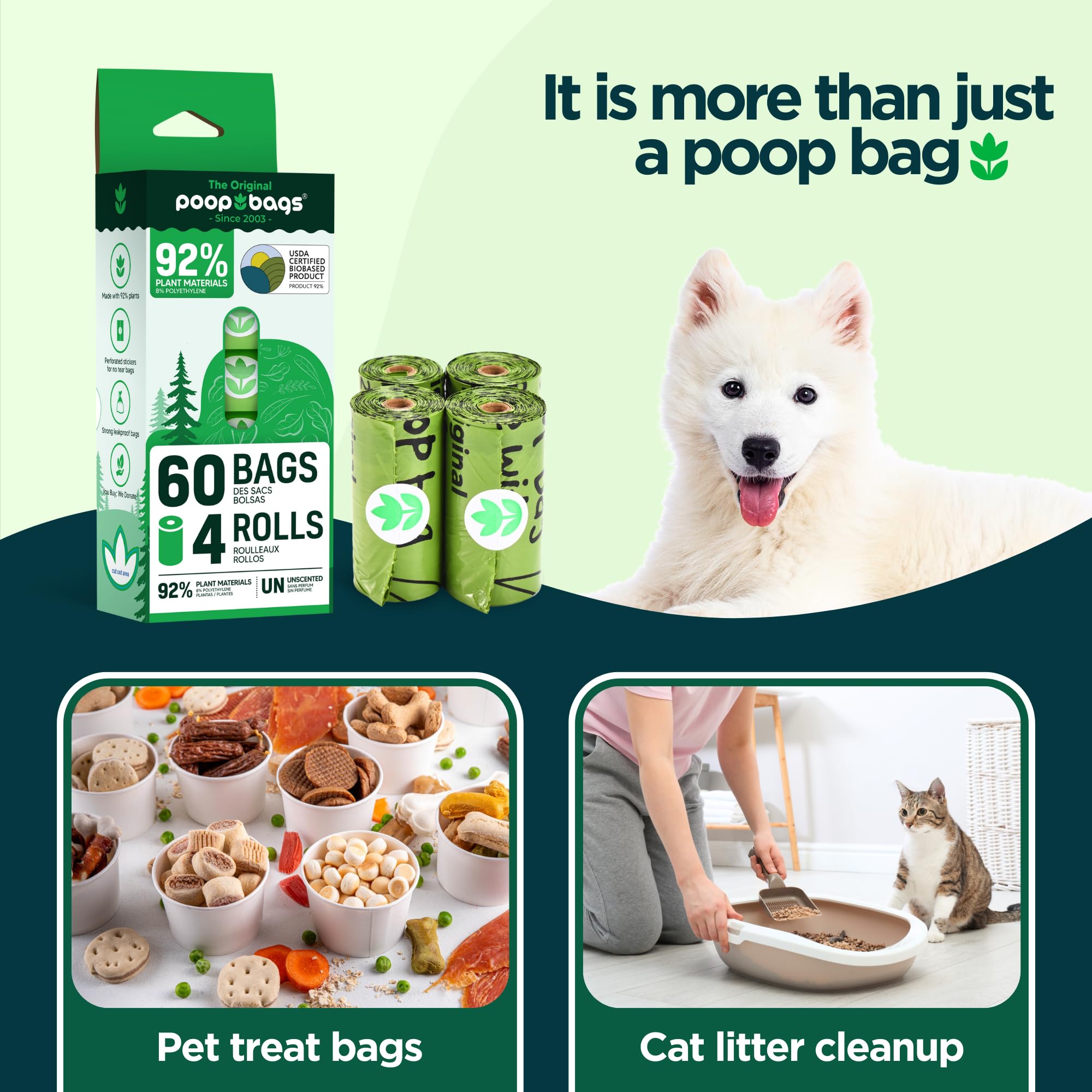 The Original Poop Bags - 92% Plant-Based Dog Waste Bags, Extra-Thick & Leakproof, Usda Certified Biobased, Unscented, 60 Bags (4