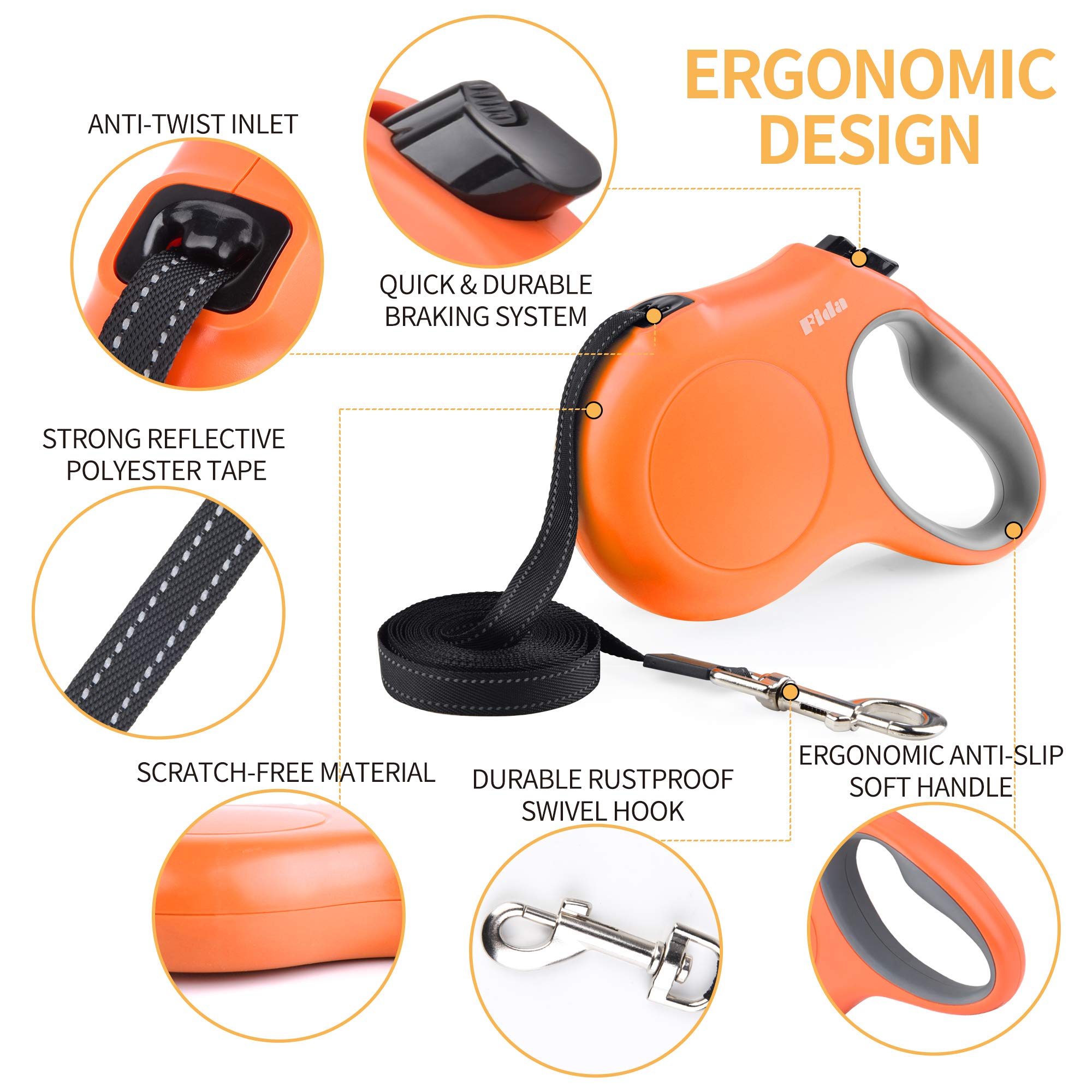 Fida Retractable Dog Leash, 16Ft Heavy Duty Pet Walking Leash For Medium/Large Dog Up To 110 Lbs, Tangle Free. One-Hand Brake (L